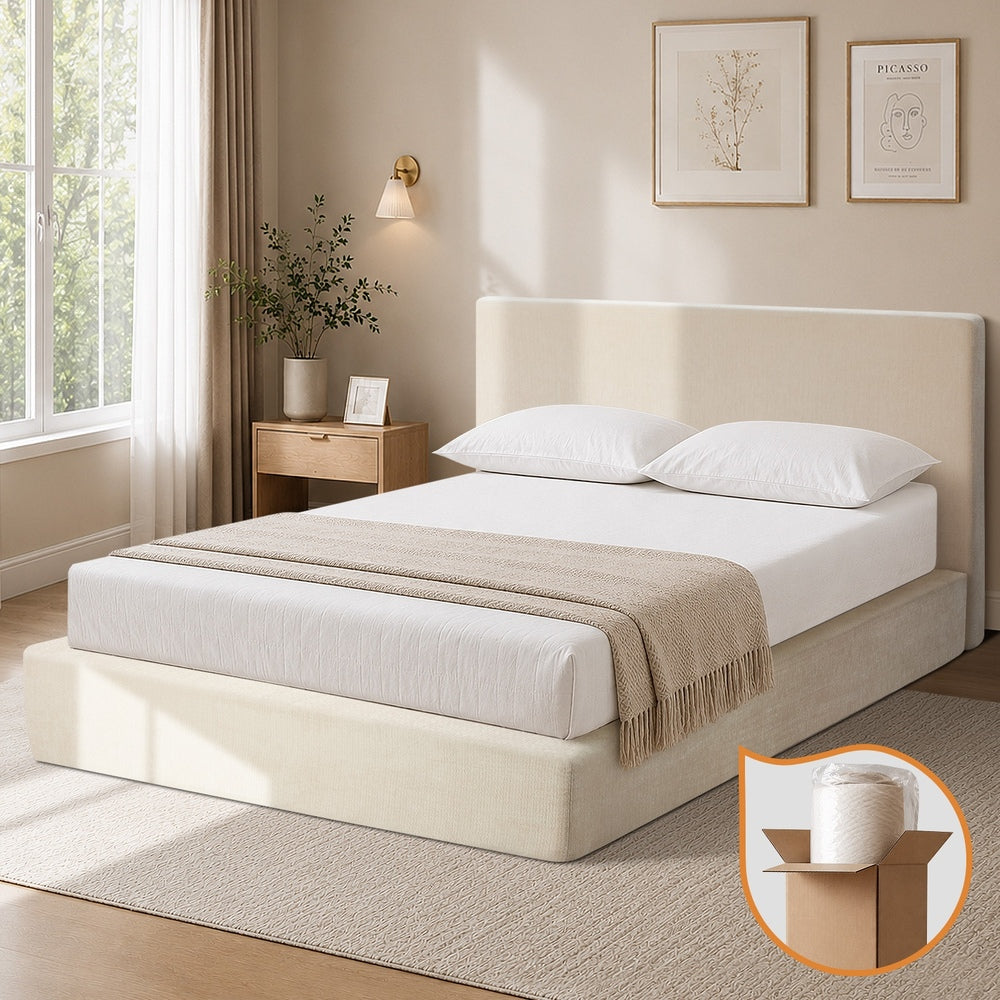 Double Upholstered Fabric Bed Frame Metal Base Chenille Beige