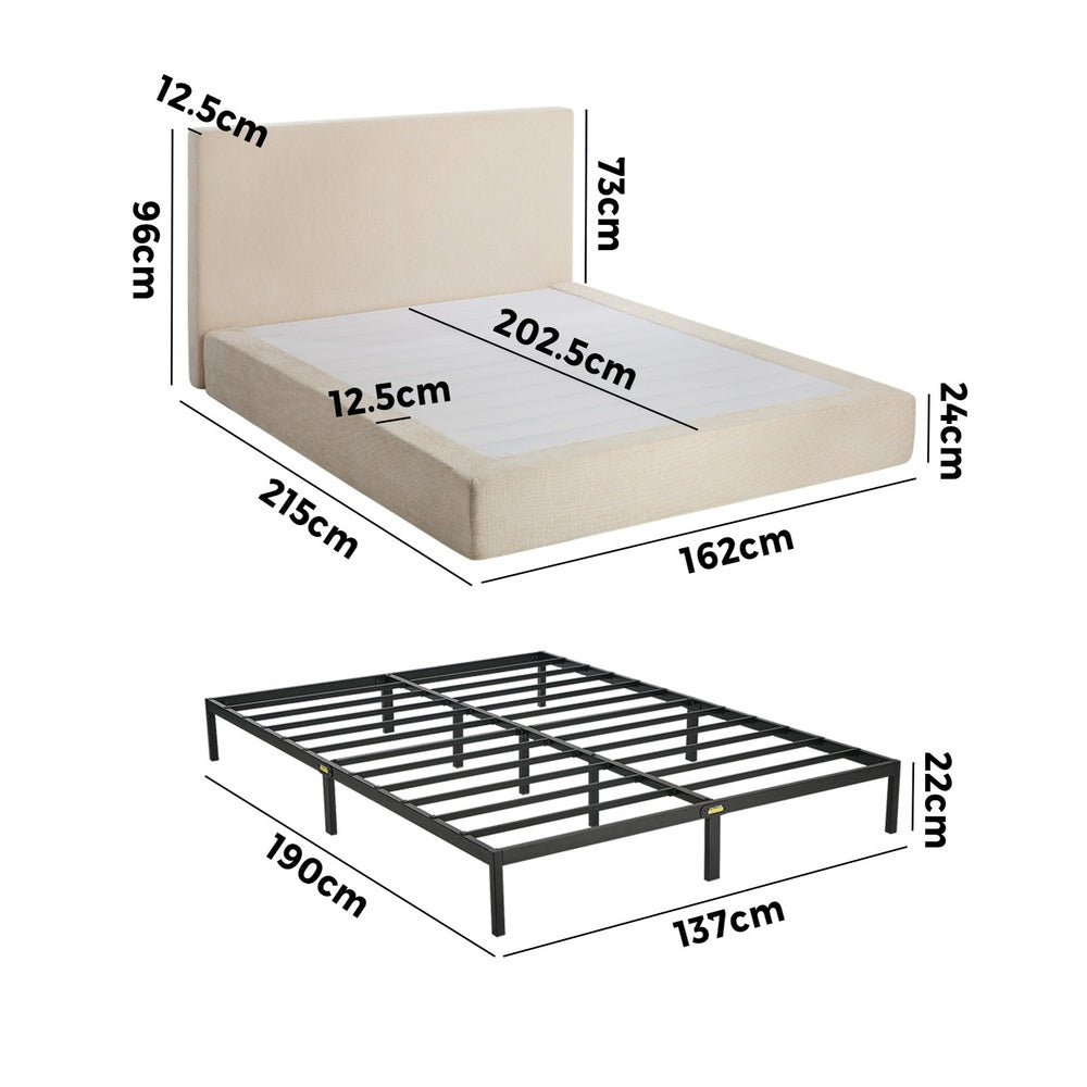 Double Upholstered Fabric Bed Frame Metal Base Chenille Beige