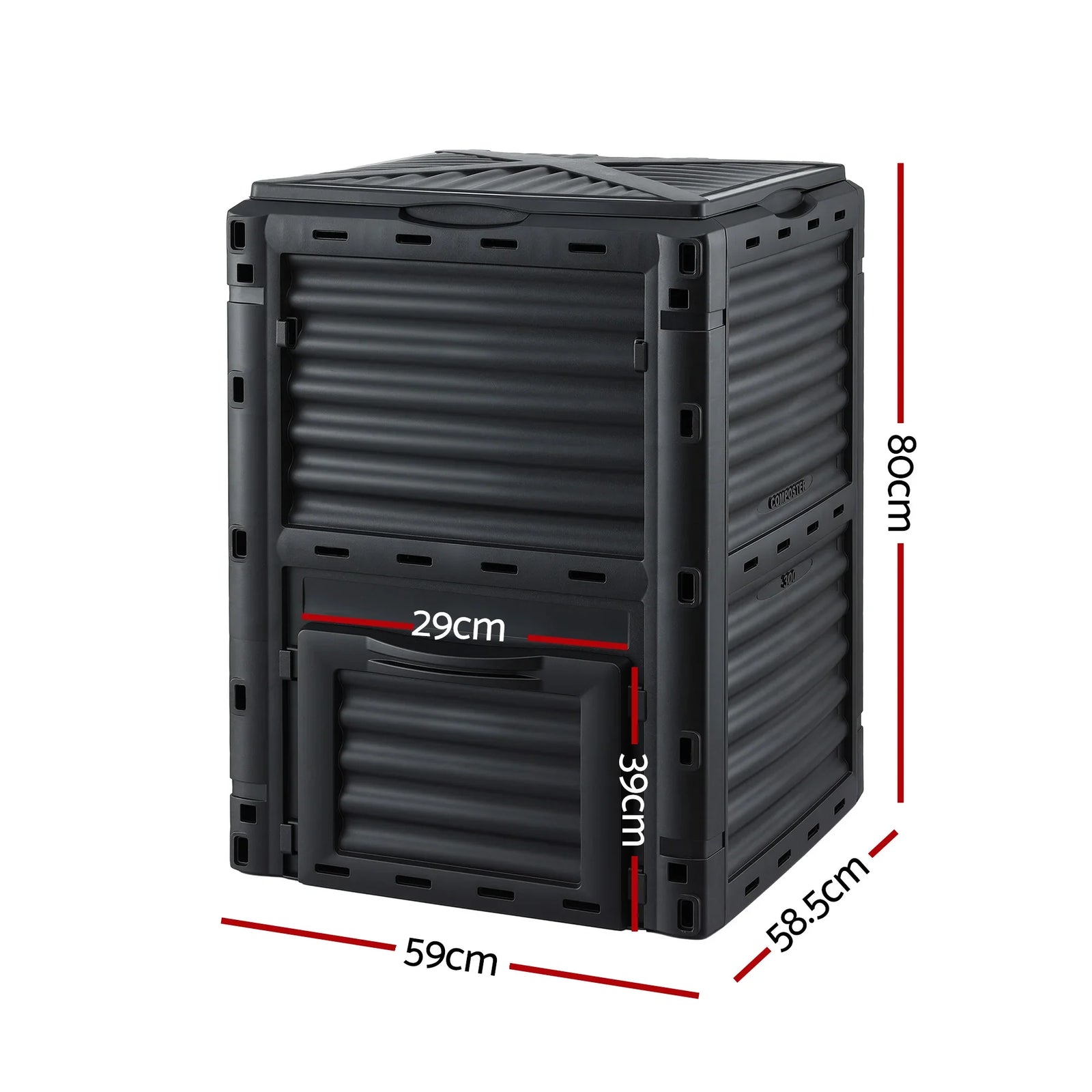 Compost Bin 300L Heavy-Duty Black Outdoor Composter with Top Lid Bottom Door