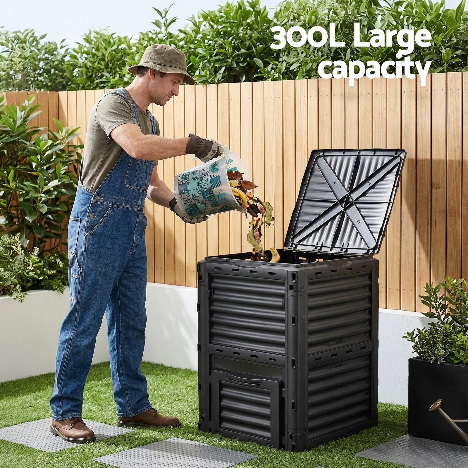 Compost Bin 300L Heavy-Duty Black Outdoor Composter with Top Lid Bottom Door