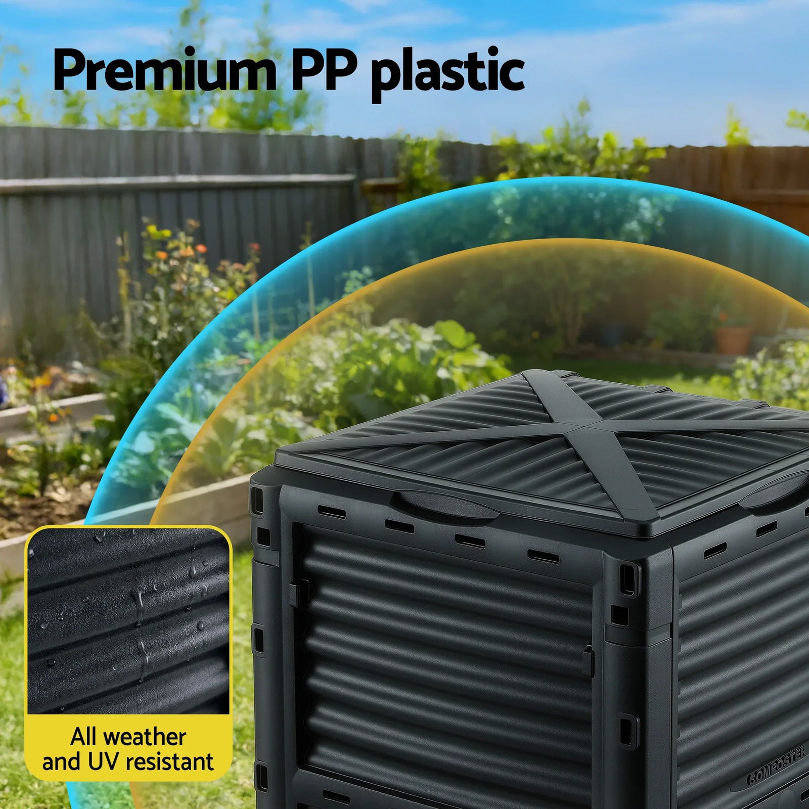 Compost Bin 300L Heavy-Duty Black Outdoor Composter with Top Lid Bottom Door