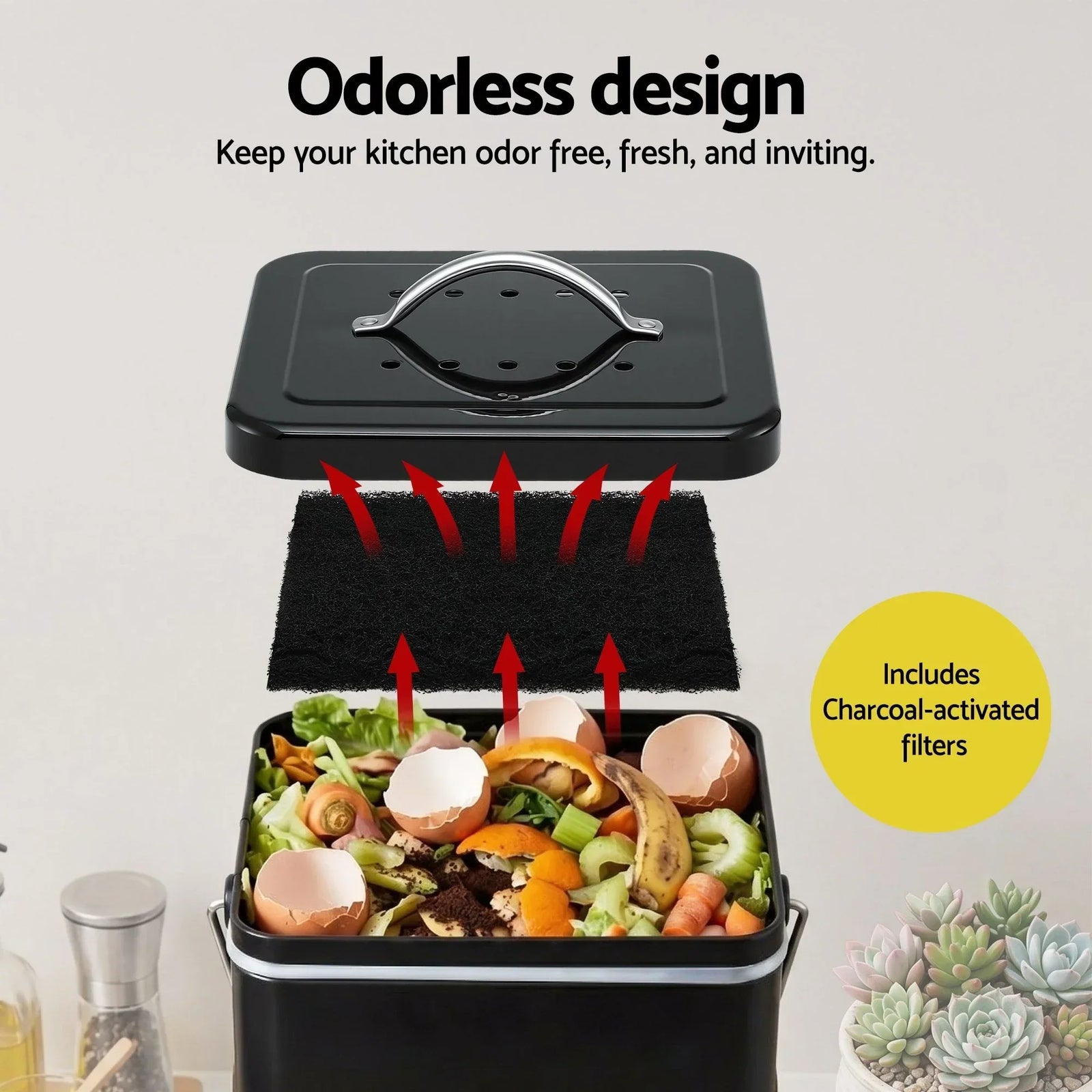 5L Compost Bin Kitchen Countertop Food Waste Caddy Black