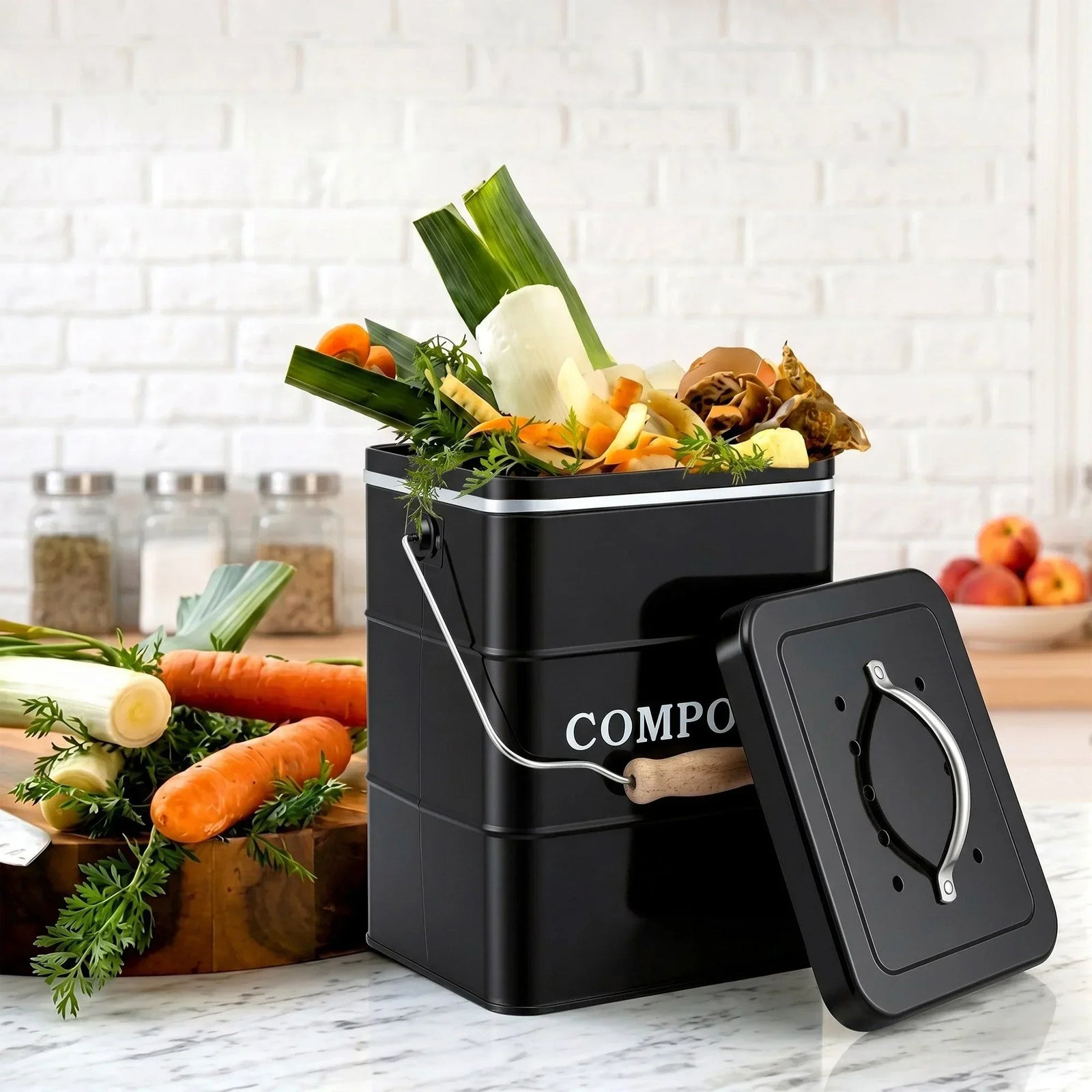 5L Compost Bin Kitchen Countertop Food Waste Caddy Black