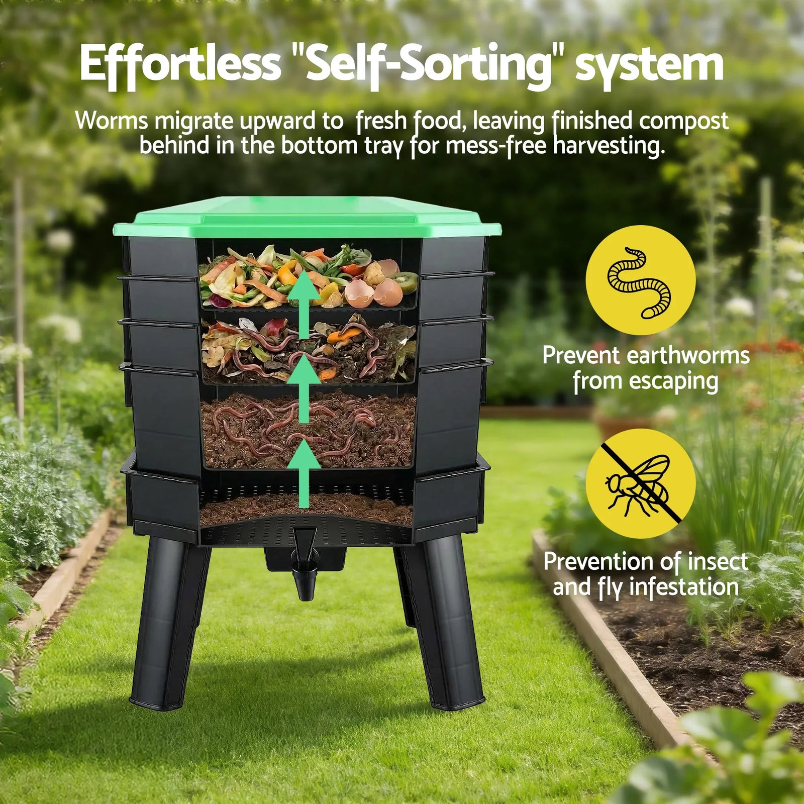 Compost Bin 4-Tray Stackable Worm Farm Composter with Liquid Fertiliser Tap