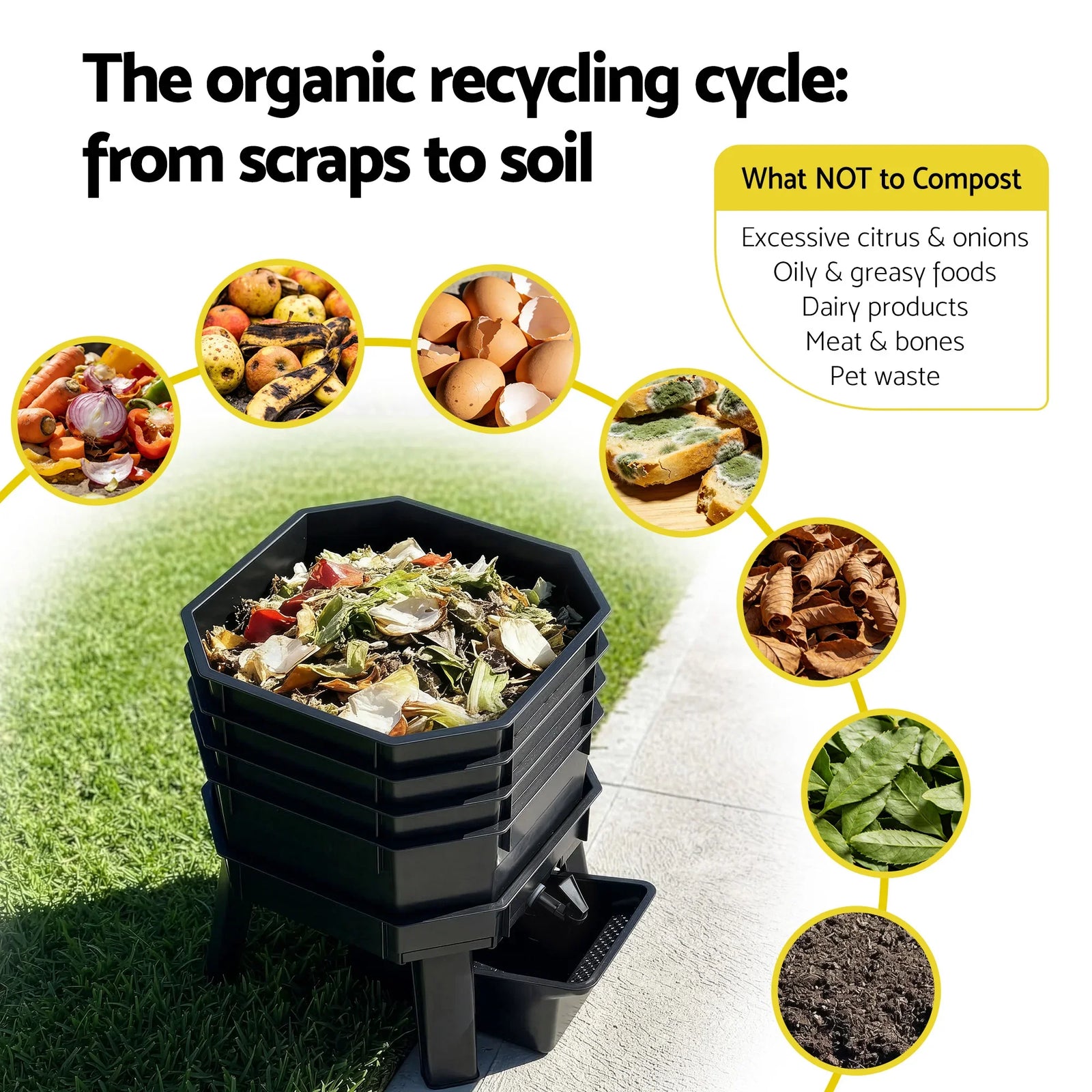 Compost Bin 4-Tray Stackable Worm Farm Composter with Liquid Fertiliser Tap