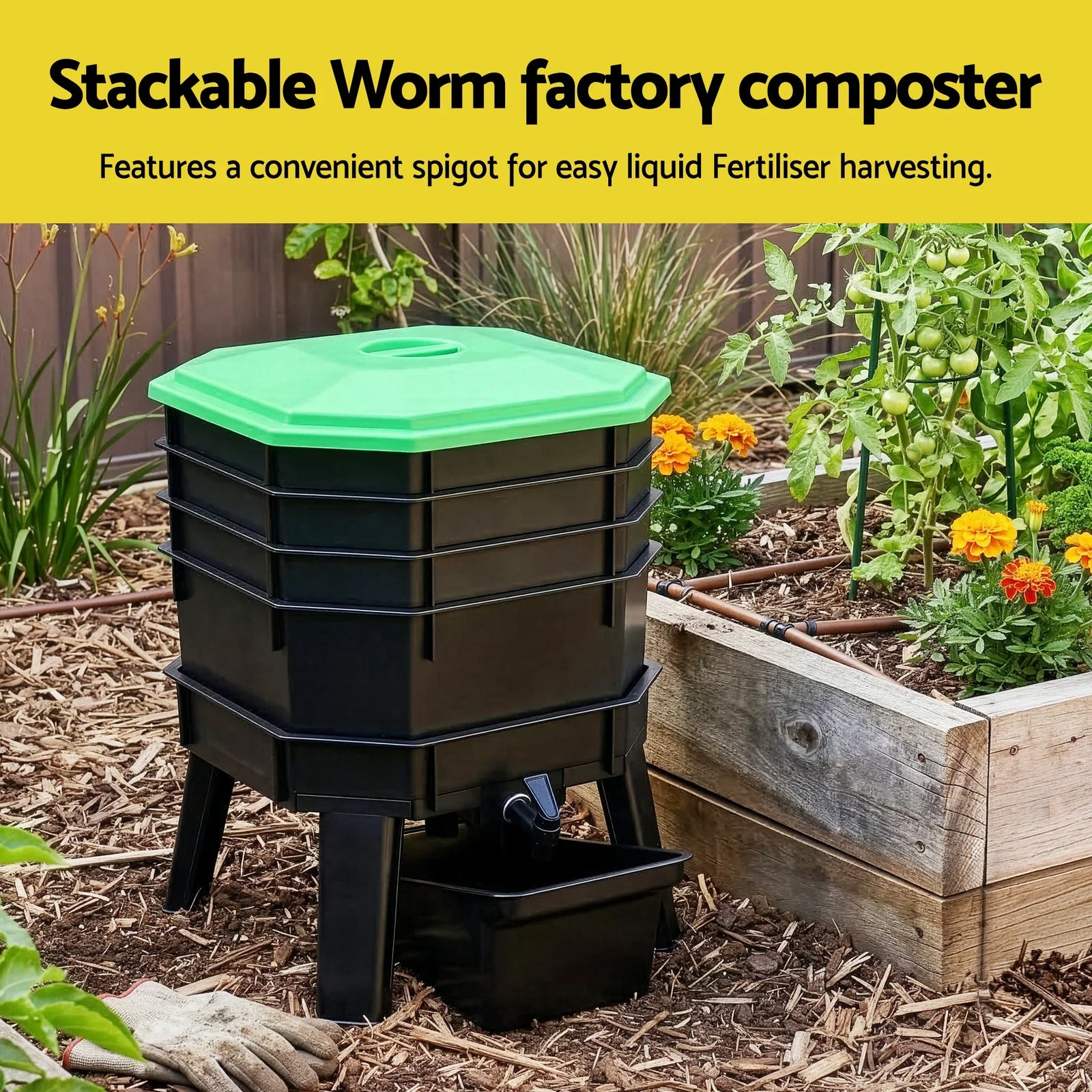 Compost Bin 4-Tray Stackable Worm Farm Composter with Liquid Fertiliser Tap