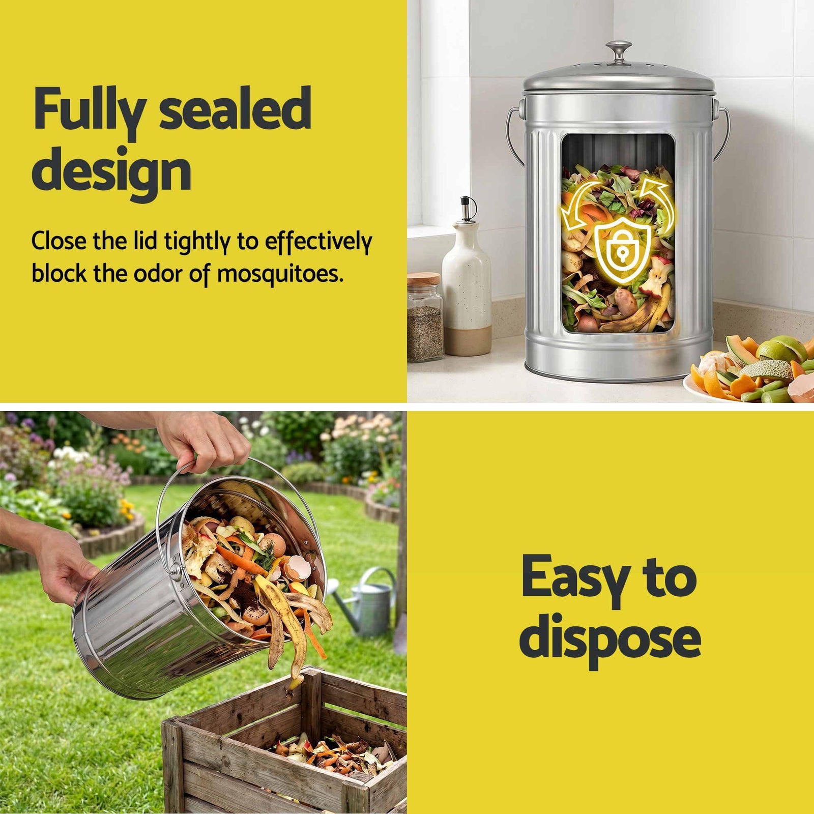 Compost Bin Kitchen Countertop Food Waste Caddy 6L Silver