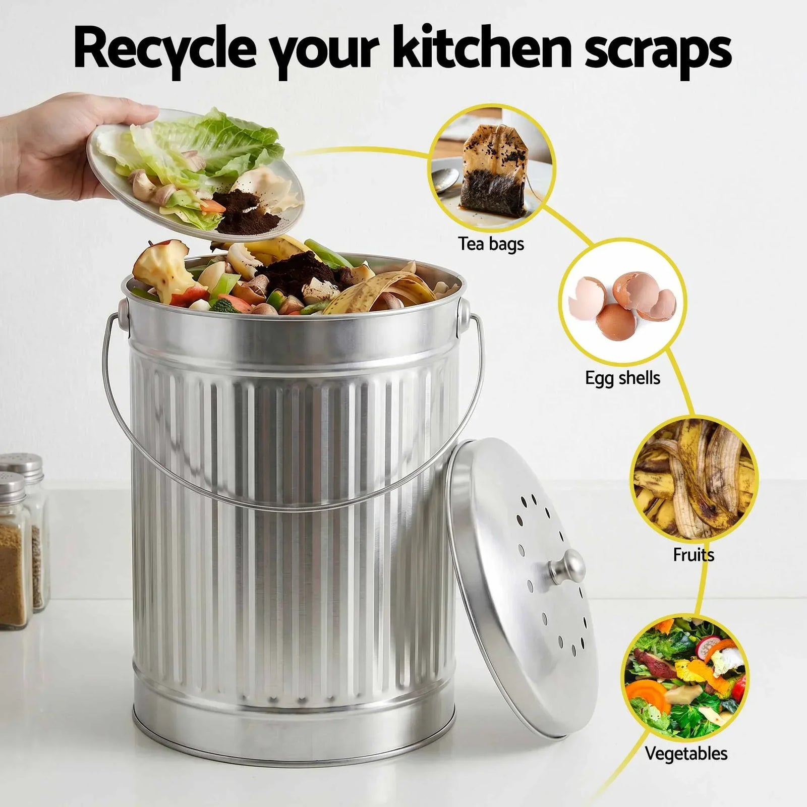 Compost Bin Kitchen Countertop Food Waste Caddy 6L Silver