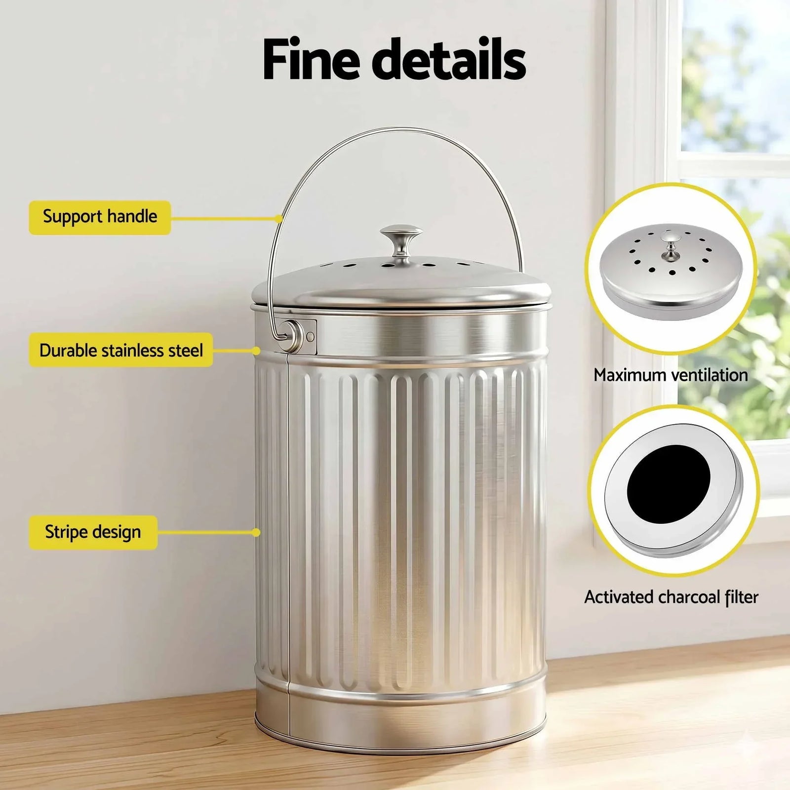 Compost Bin Kitchen Countertop Food Waste Caddy 6L Silver