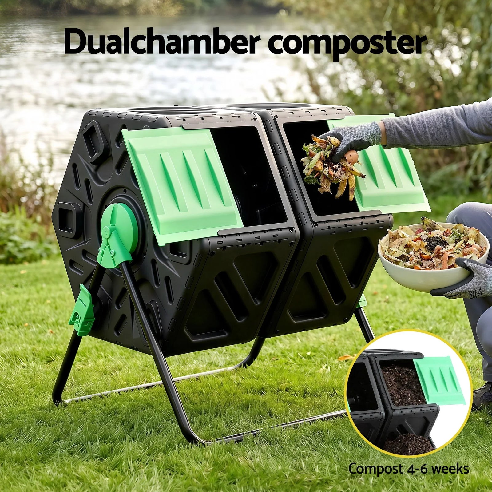 Compost Bin Dual-Chamber 130L Composter Tumbler Rotating Garden Recycle Food Waste