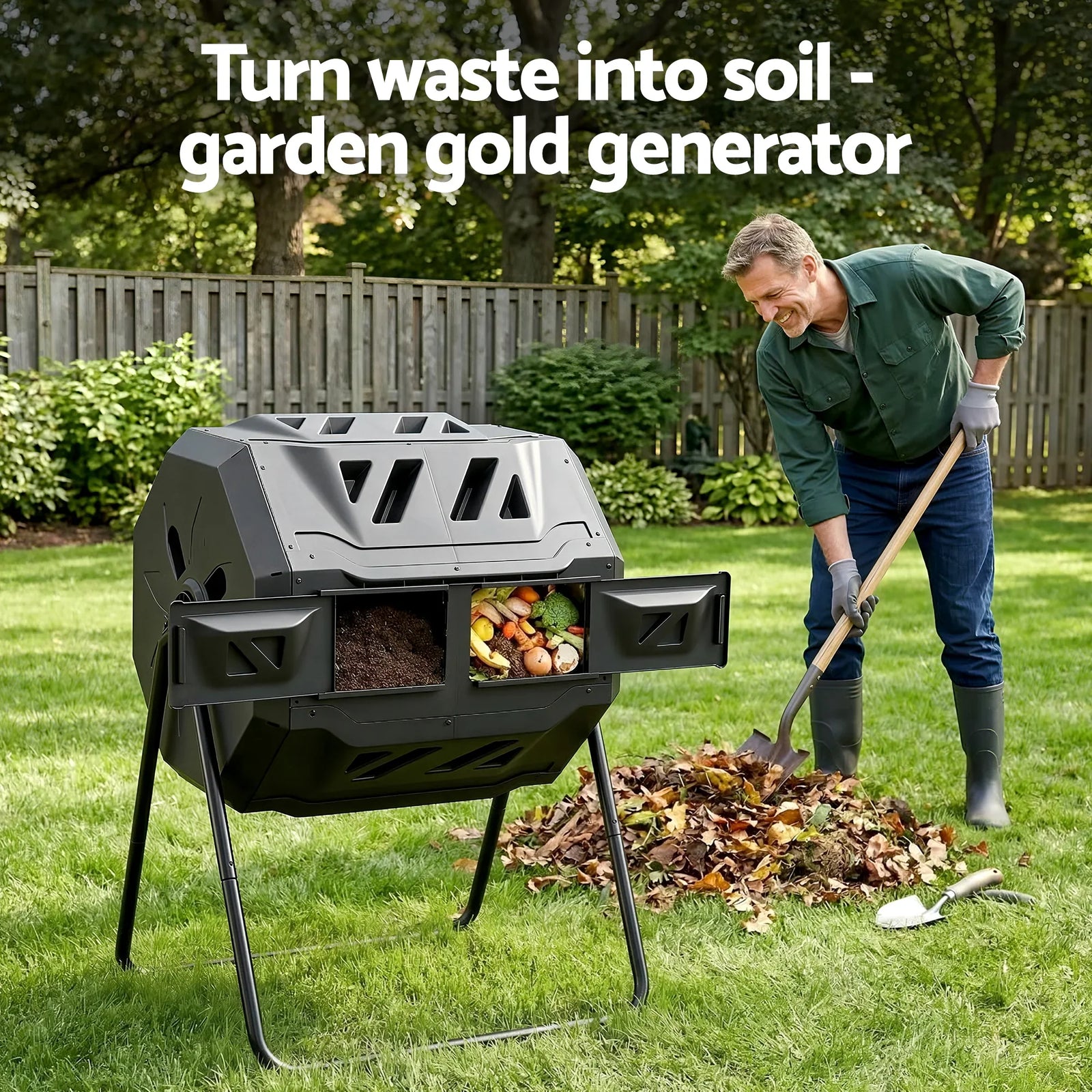 Compost Bin Dual-Chamber 160L Composter Tumbler Rotating Garden Recycle Food Waste