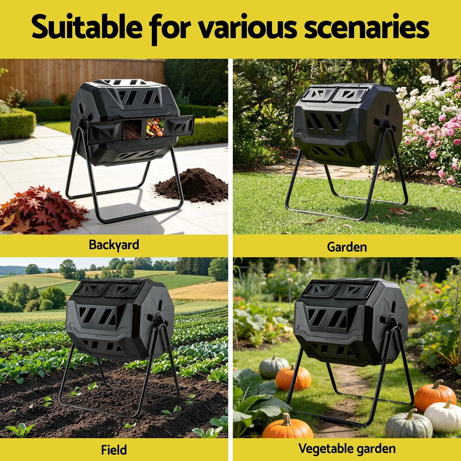 Compost Bin Dual-Chamber 160L Composter Tumbler Rotating Garden Recycle Food Waste