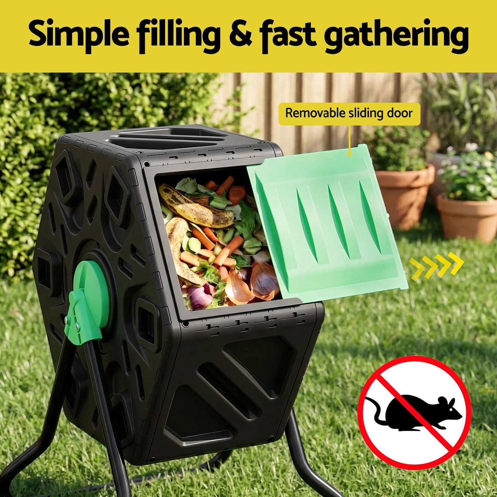 Compost Bin 65L Composter Tumbler Rotating Outdoor With Sliding Door