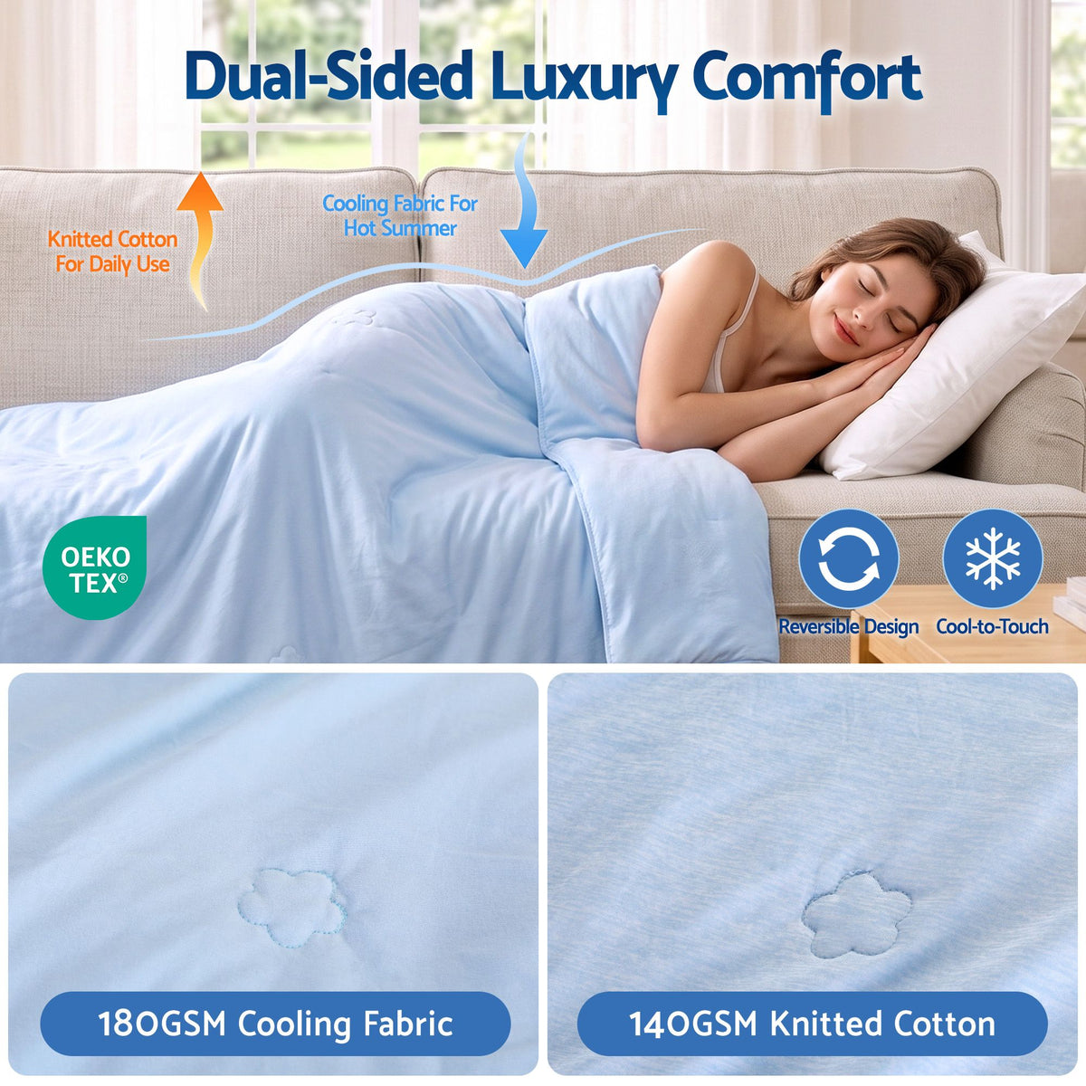 Giselle Cooling Blanket Double 180x210cm Blue Double Sided Light Summer Quilt