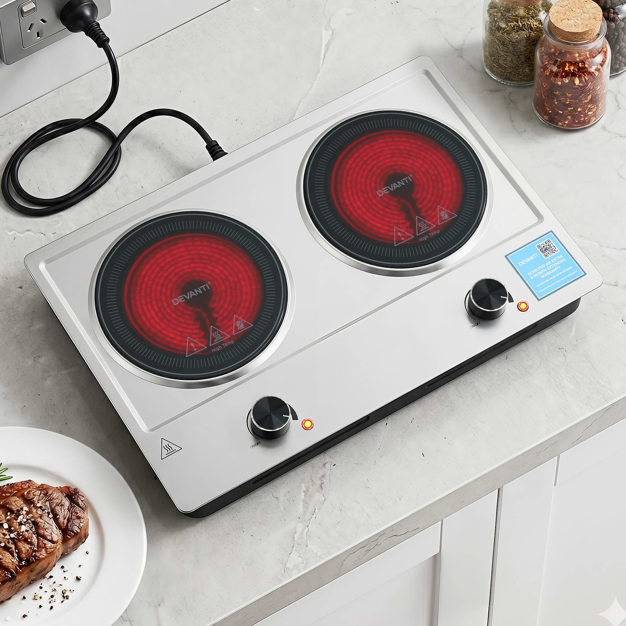 2400W Ceramic Cooktop – 2‑Zone Infrared, Knob Control, Black Glass