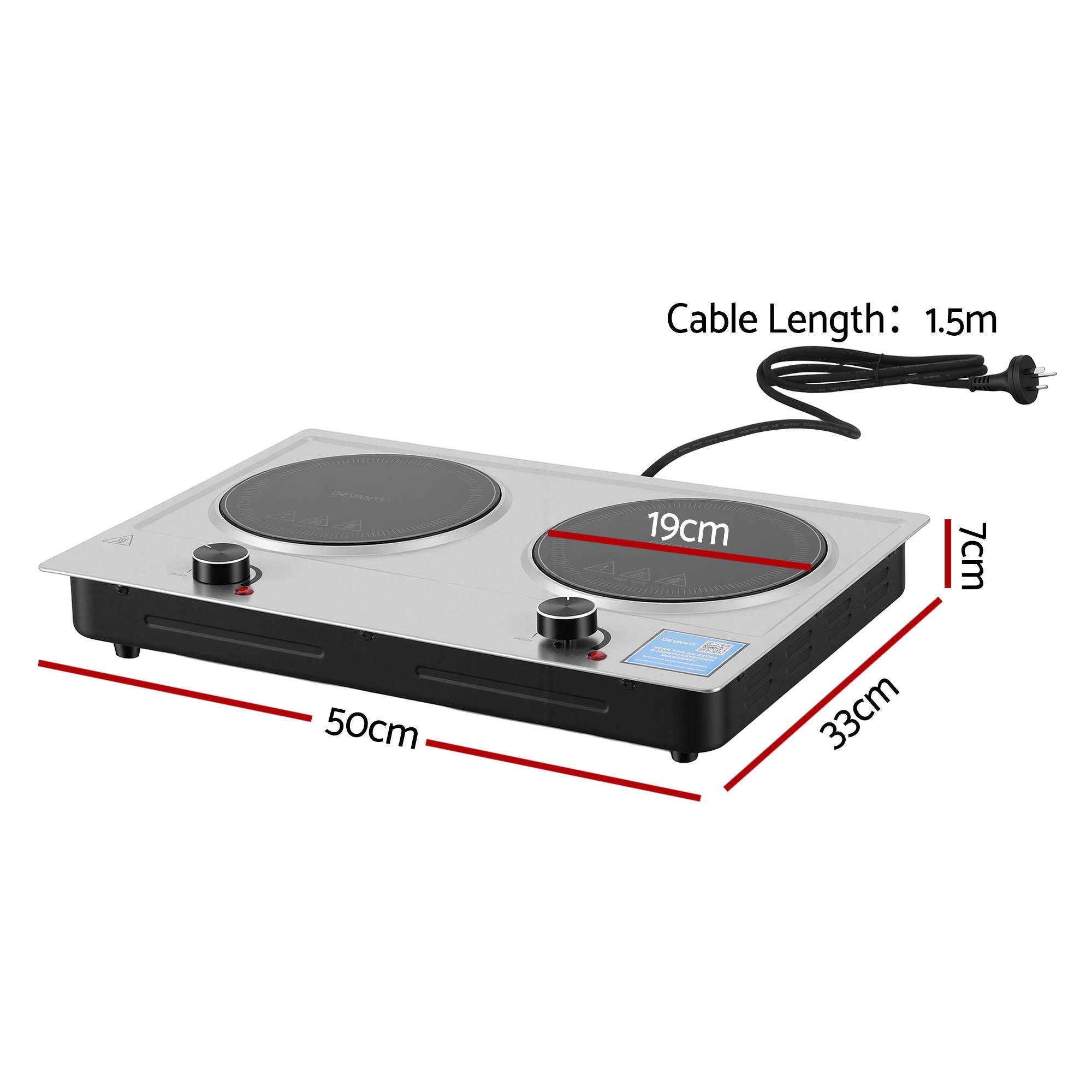 2400W Ceramic Cooktop – 2‑Zone Infrared, Knob Control, Black Glass