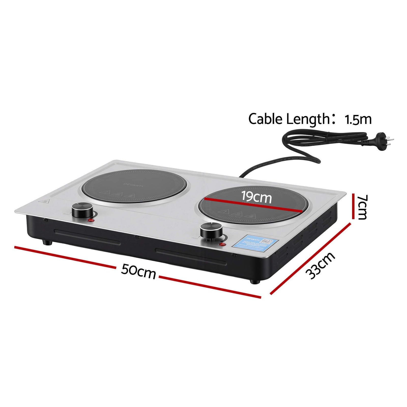 2400W Ceramic Cooktop – 2‑Zone Infrared, Knob Control, Black Glass
