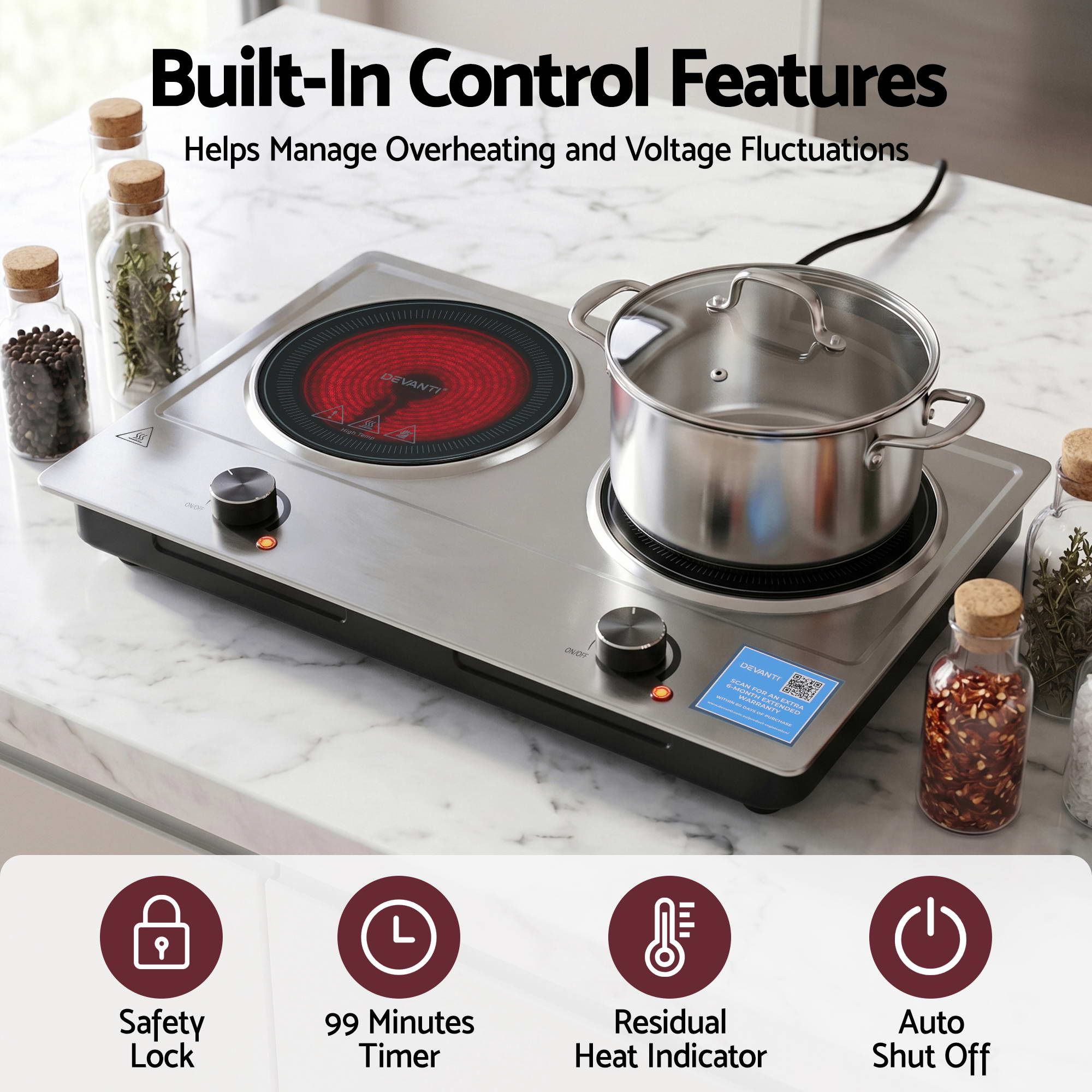 2400W Ceramic Cooktop – 2‑Zone Infrared, Knob Control, Black Glass