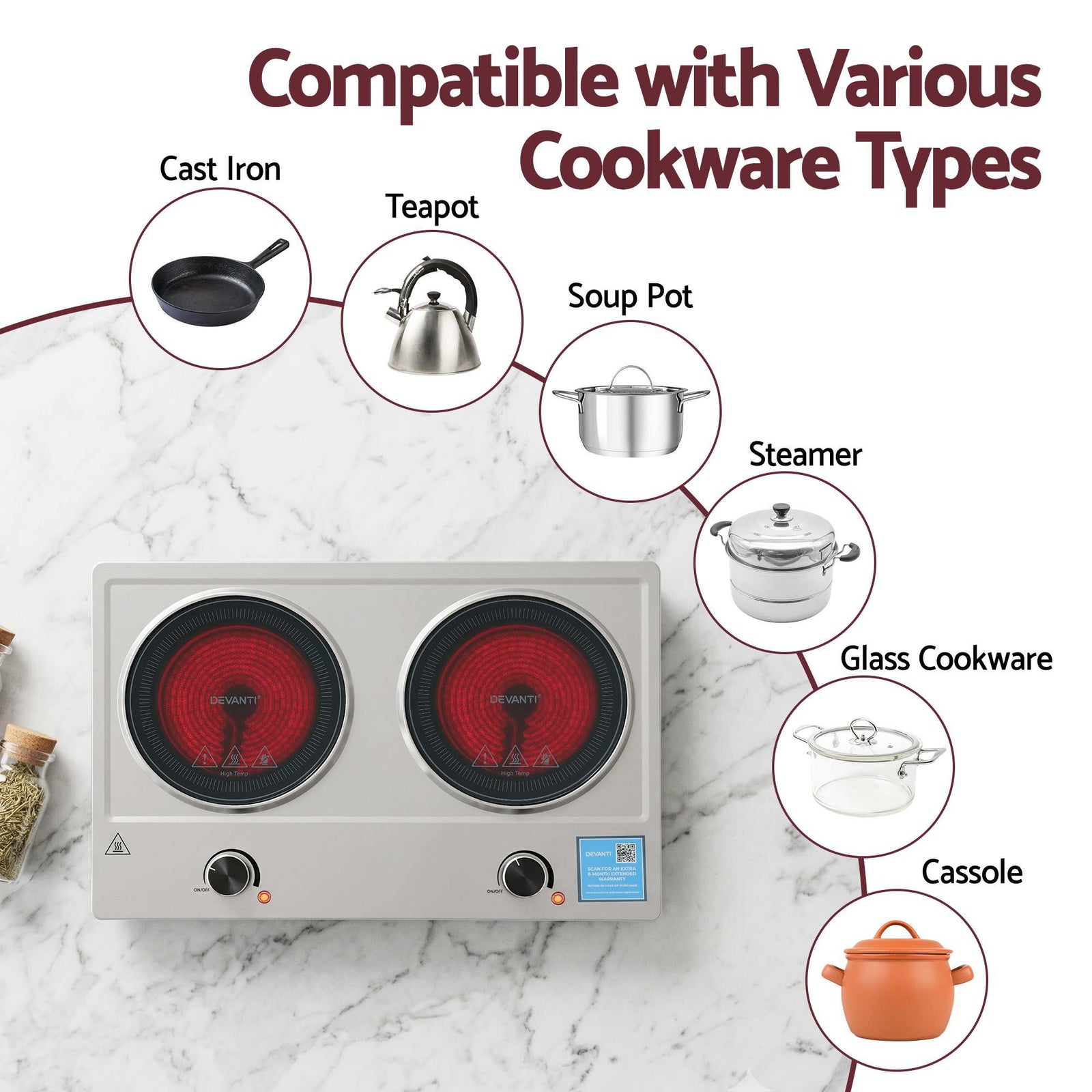 2400W Ceramic Cooktop – 2‑Zone Infrared, Knob Control, Black Glass