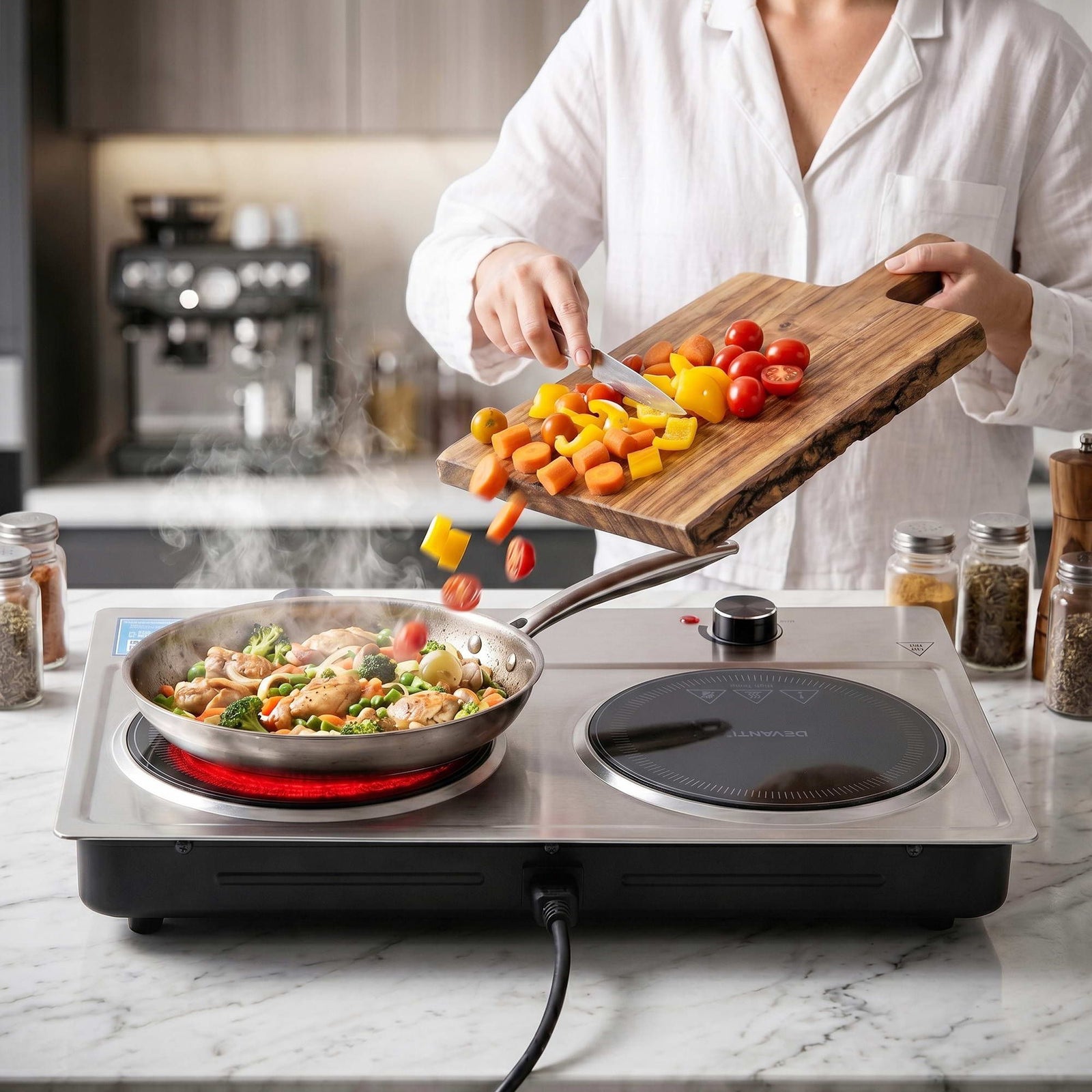 2400W Ceramic Cooktop – 2‑Zone Infrared, Knob Control, Black Glass