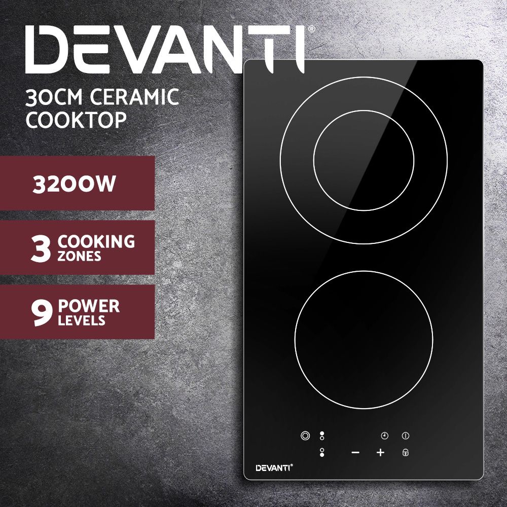 30cm Ceramic Cooktop – 3 Zones, 3200W, Touch Control, Timer, Black Glass