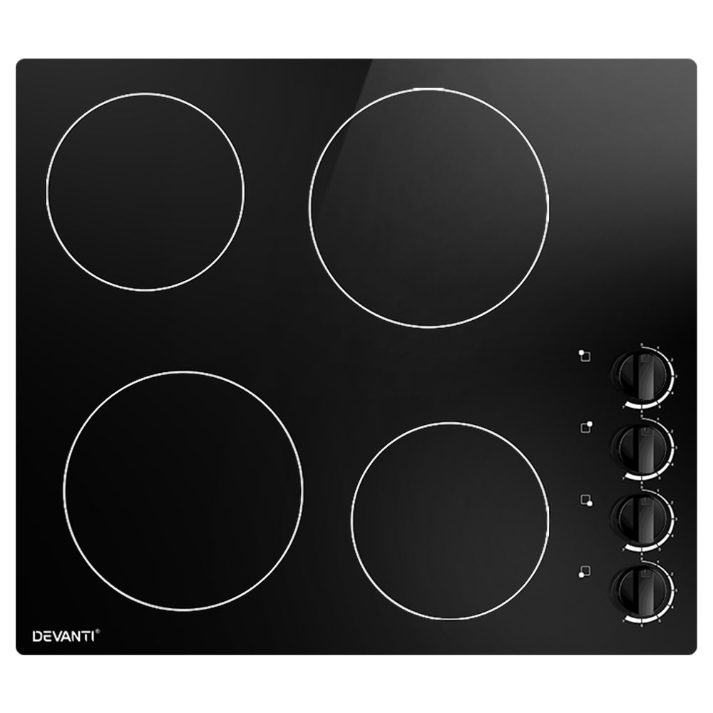 60cm Ceramic Cooktop – 4 Zones, 6000W, Knob Controls, Built‑In, Black