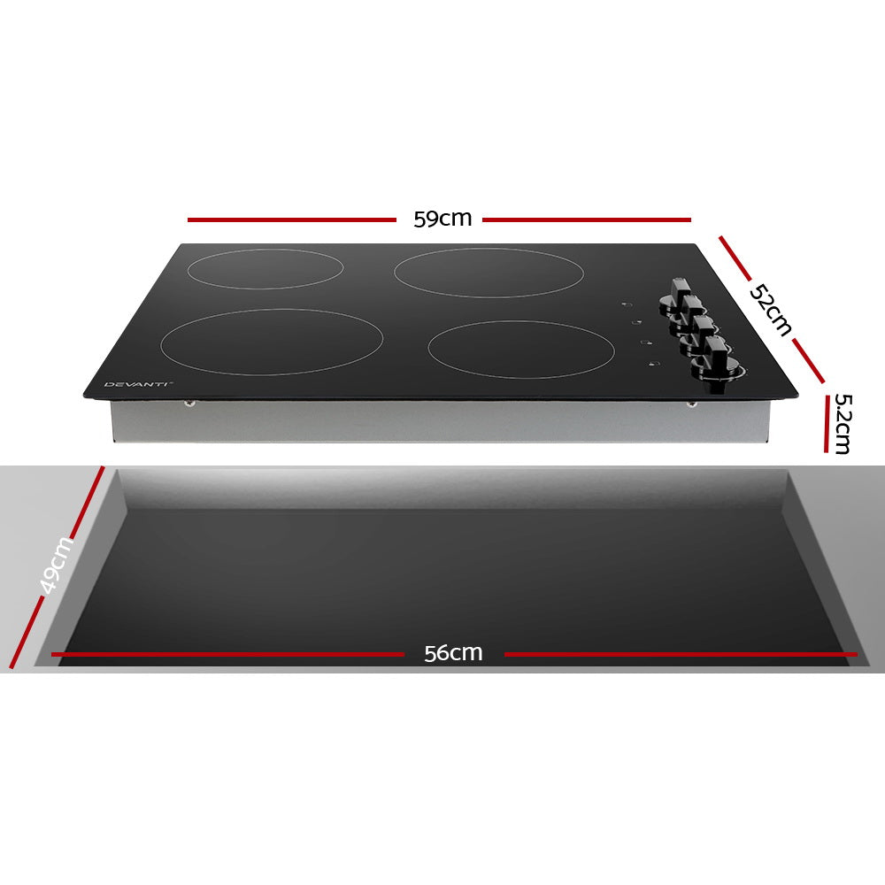 60cm Ceramic Cooktop – 4 Zones, 6000W, Knob Controls, Built‑In, Black