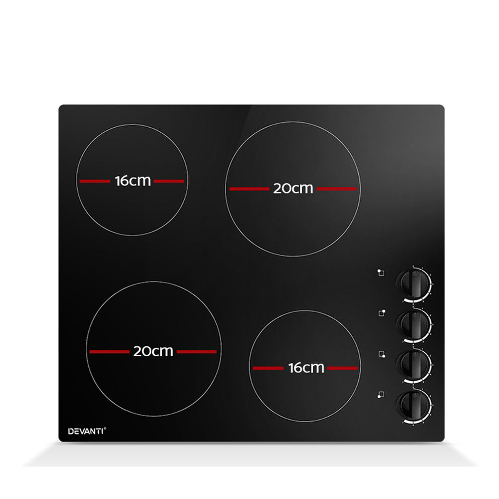 60cm Ceramic Cooktop – 4 Zones, 6000W, Knob Controls, Built‑In, Black