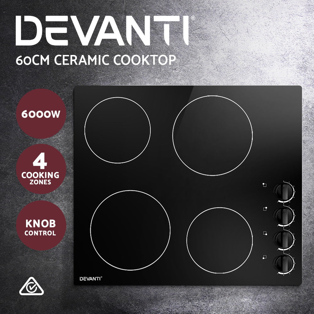 60cm Ceramic Cooktop – 4 Zones, 6000W, Knob Controls, Built‑In, Black