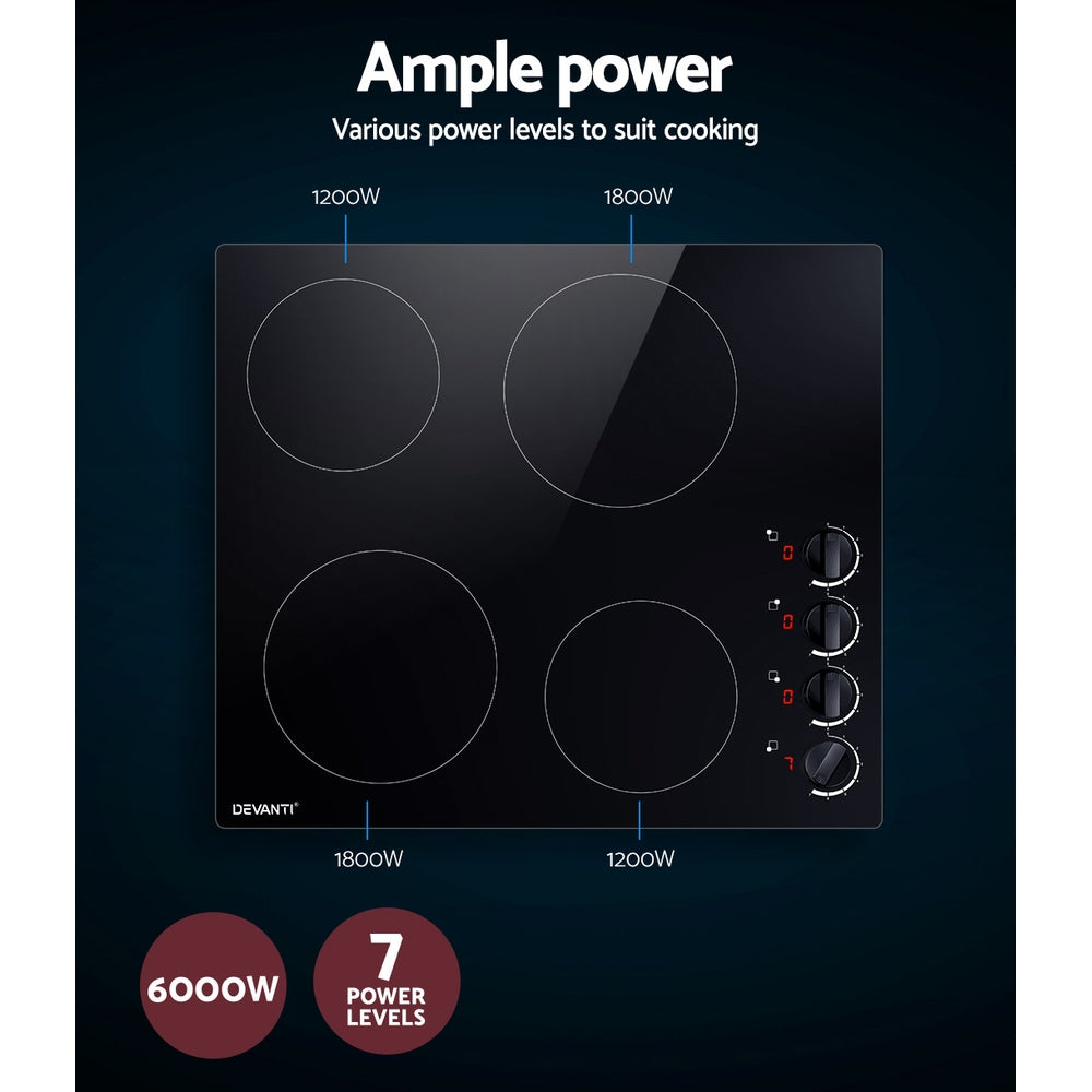 60cm Ceramic Cooktop – 4 Zones, 6000W, Knob Controls, Built‑In, Black