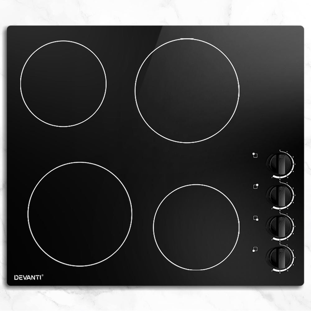 60cm Ceramic Cooktop – 4 Zones, 6000W, Knob Controls, Built‑In, Black
