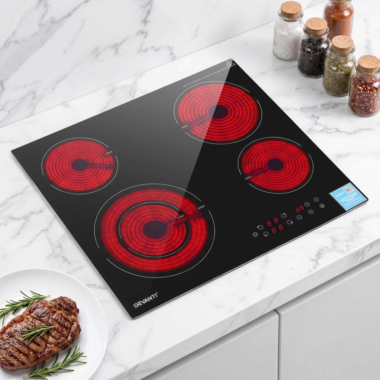 Ceramic Cooktop 5 Zones – 7600W, Touch Control, Dual Zone, Black Glass