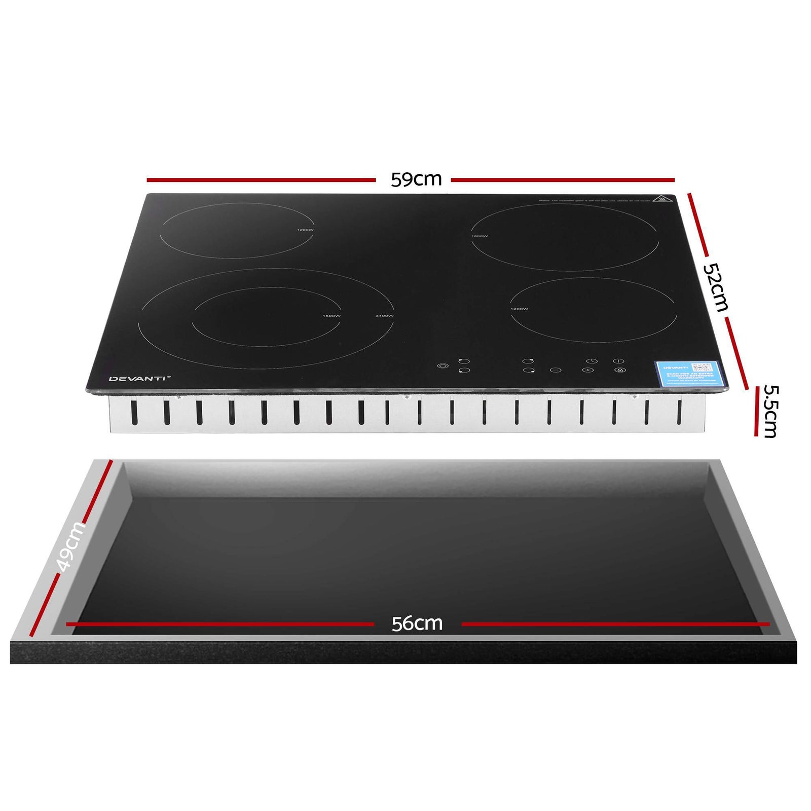 Ceramic Cooktop 5 Zones – 7600W, Touch Control, Dual Zone, Black Glass