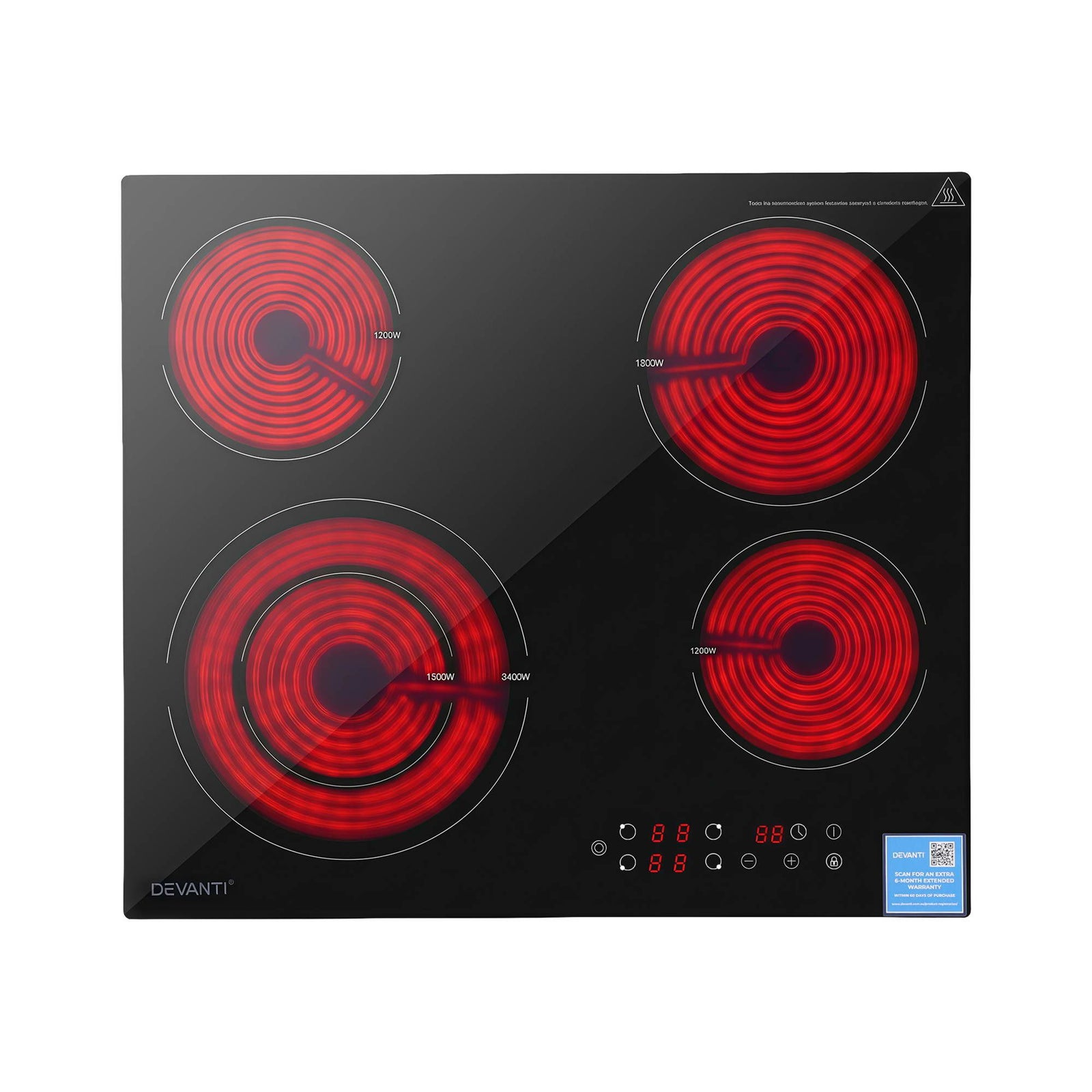 Ceramic Cooktop 5 Zones – 7600W, Touch Control, Dual Zone, Black Glass