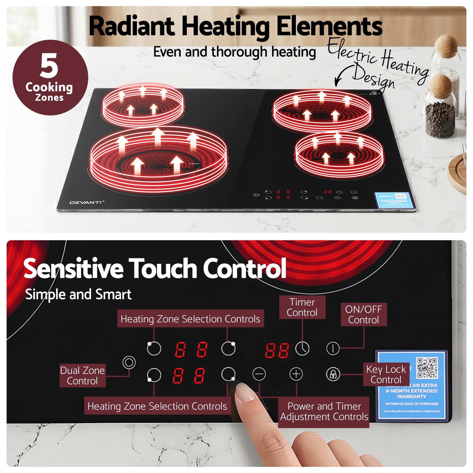 Ceramic Cooktop 5 Zones – 7600W, Touch Control, Dual Zone, Black Glass