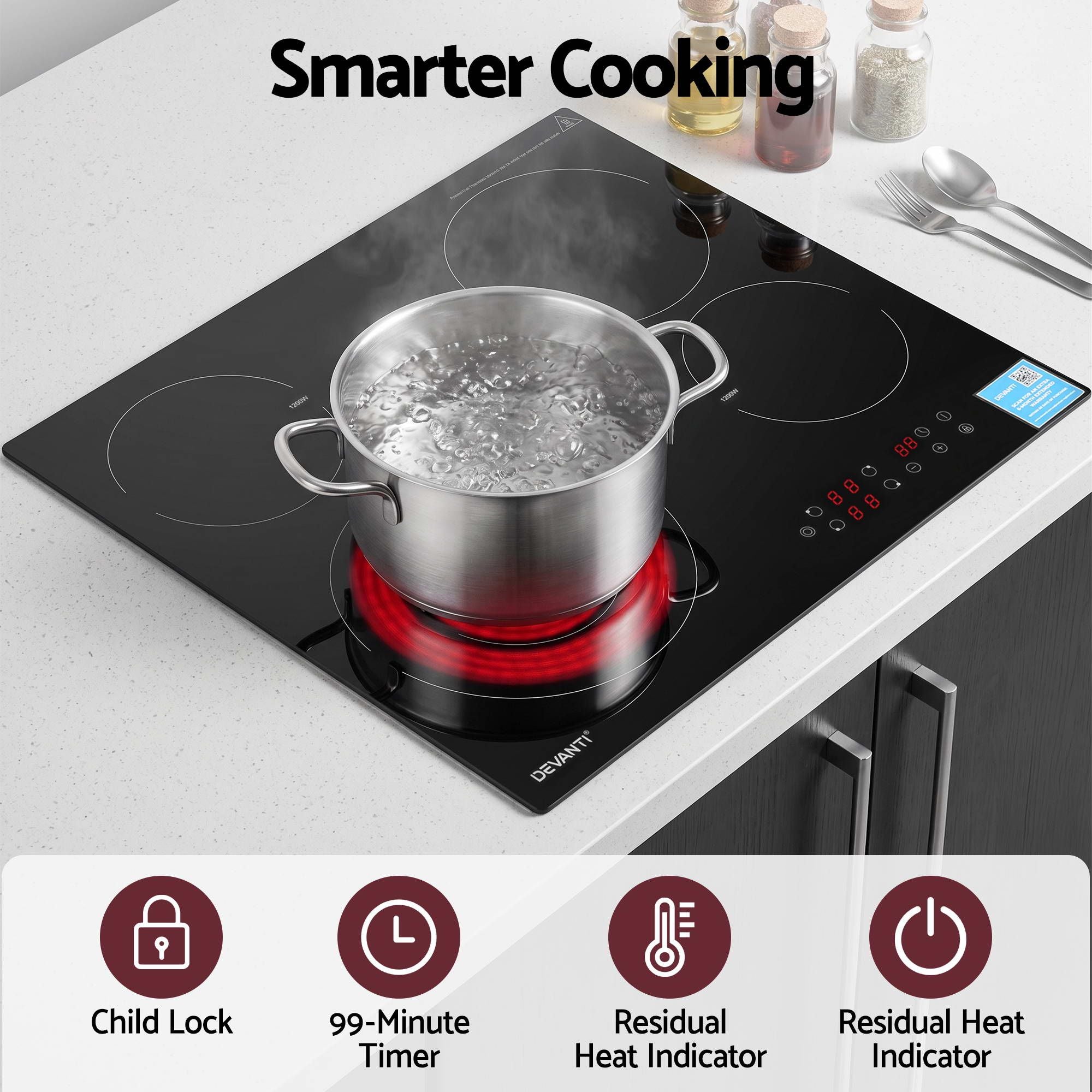 Ceramic Cooktop 5 Zones – 7600W, Touch Control, Dual Zone, Black Glass