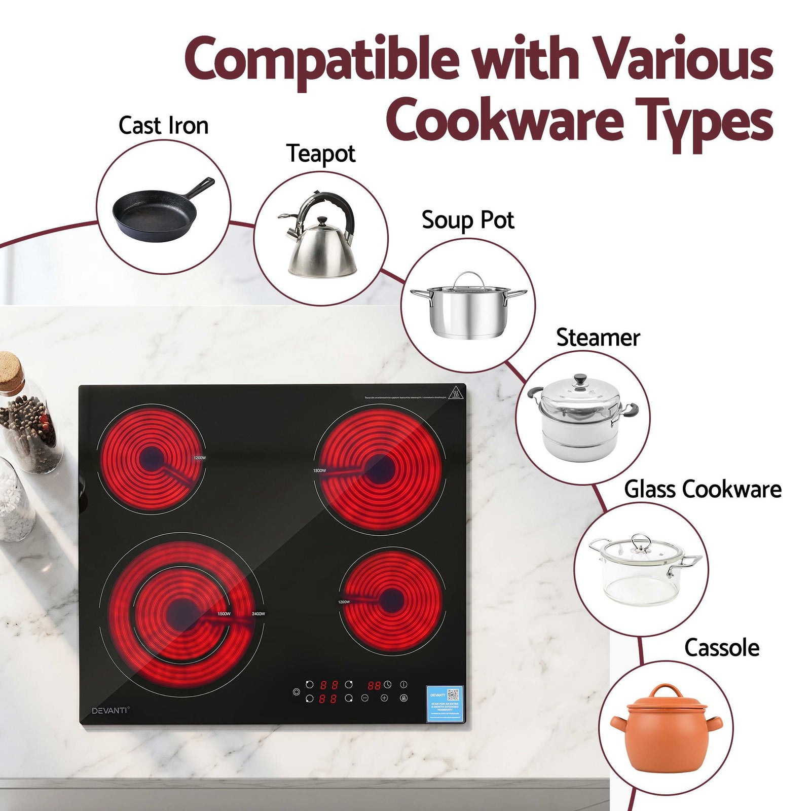 Ceramic Cooktop 5 Zones – 7600W, Touch Control, Dual Zone, Black Glass