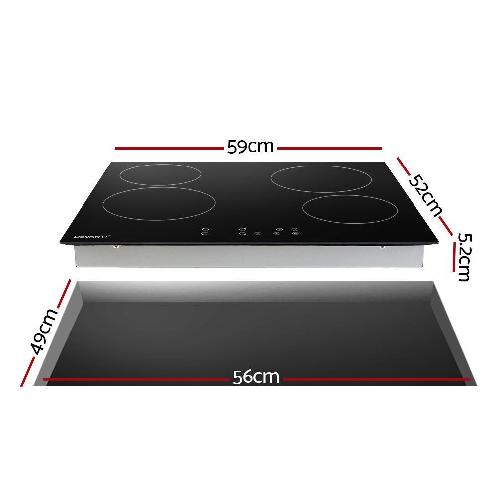 60cm Ceramic Cooktop – 4 Zones, Touch Control, 6000W, Black Glass