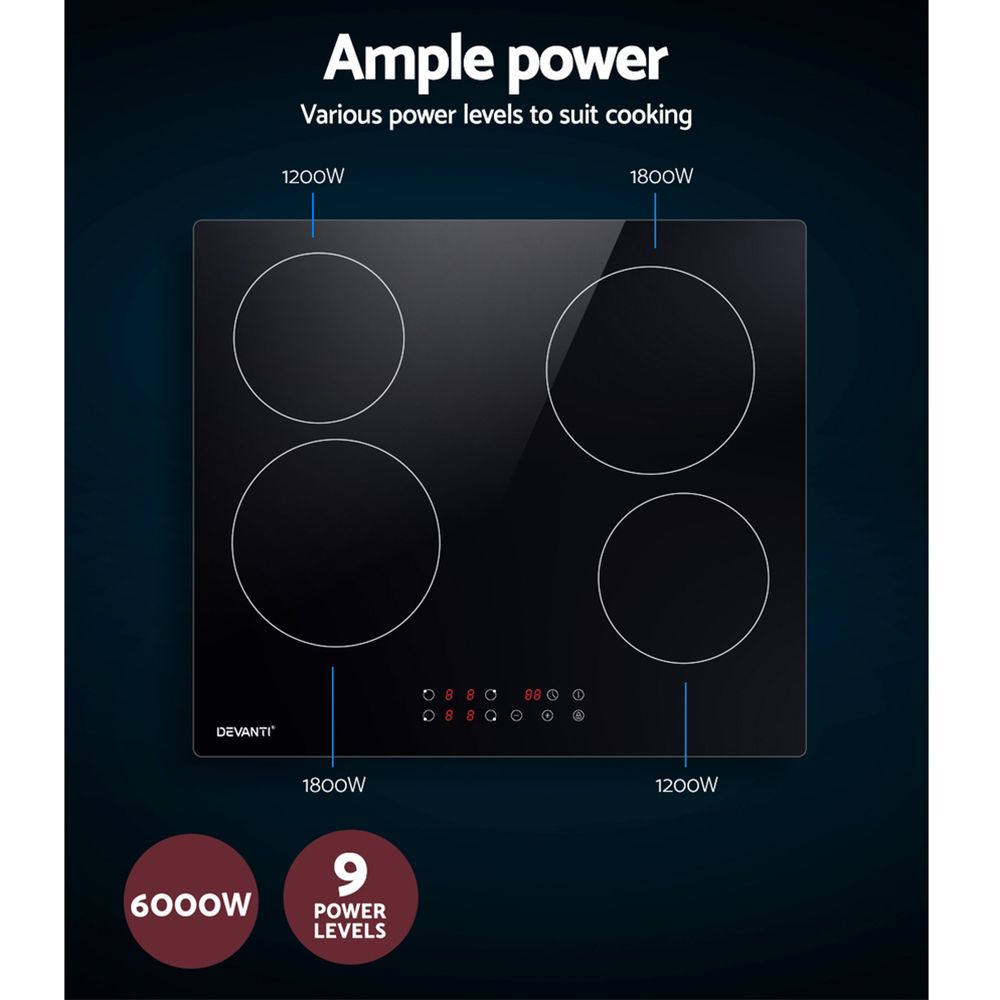 60cm Ceramic Cooktop – 4 Zones, Touch Control, 6000W, Black Glass