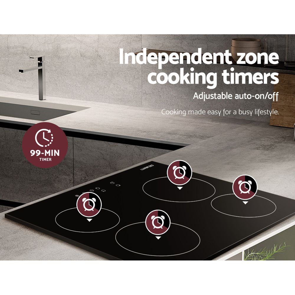 60cm Ceramic Cooktop – 4 Zones, Touch Control, 6000W, Black Glass