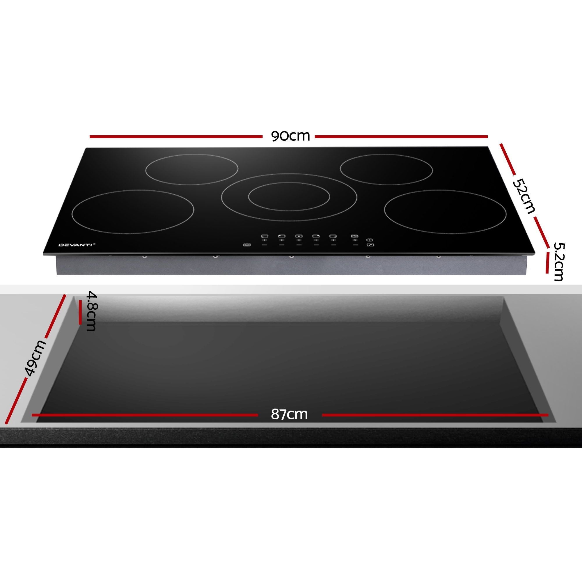 90cm Ceramic Cooktop – 6 Zones, 8200W, Touch Control, Timer, Black Glass
