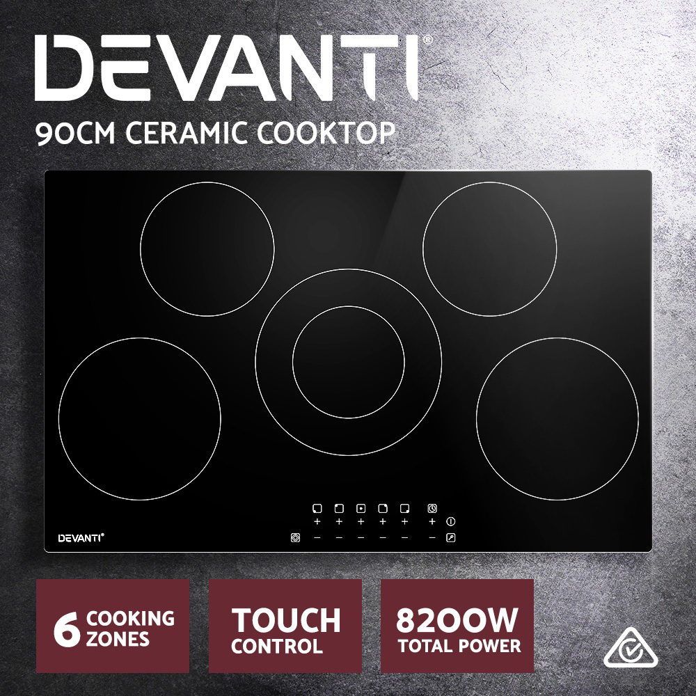 90cm Ceramic Cooktop – 6 Zones, 8200W, Touch Control, Timer, Black Glass