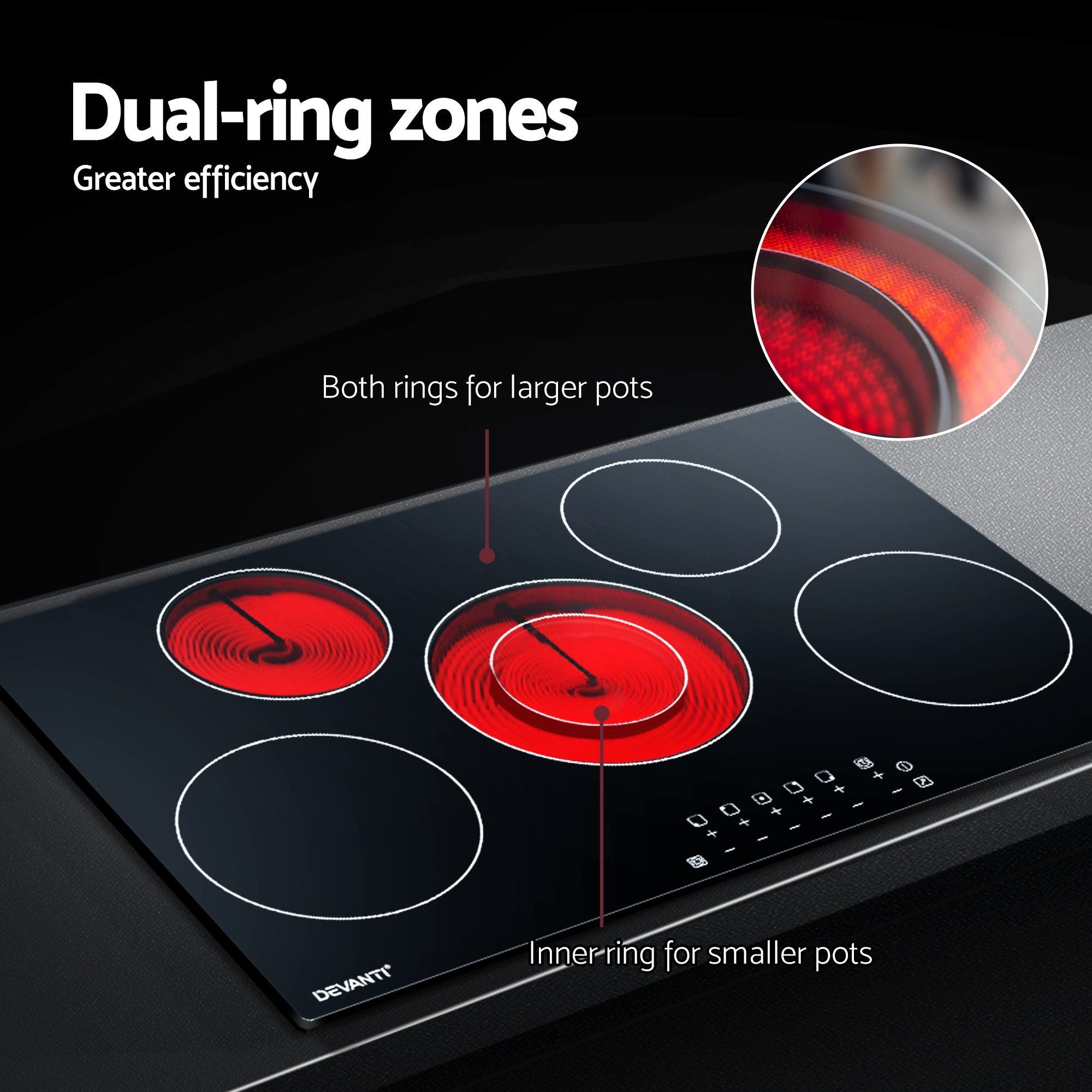 90cm Ceramic Cooktop – 6 Zones, 8200W, Touch Control, Timer, Black Glass