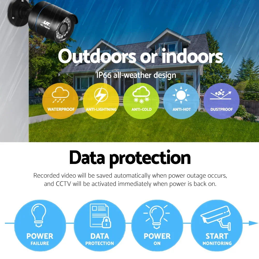 UL-Tech CCTV 4CH 1080P Security System 4 Cameras 2TB HDD DVR Outdoor IP66