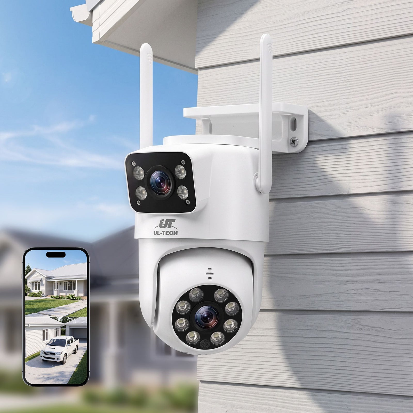UL-Tech Wireless Security Camera Outdoor Indoor, 2.5K Dual Lens Pan Tilt, 4MP (2×2MP) IP Camera, Motion Detection, Auto-Tracking, Colour Night Vision, 2.4G WiFi, Two-Way Audio, Pet Baby Surveillance