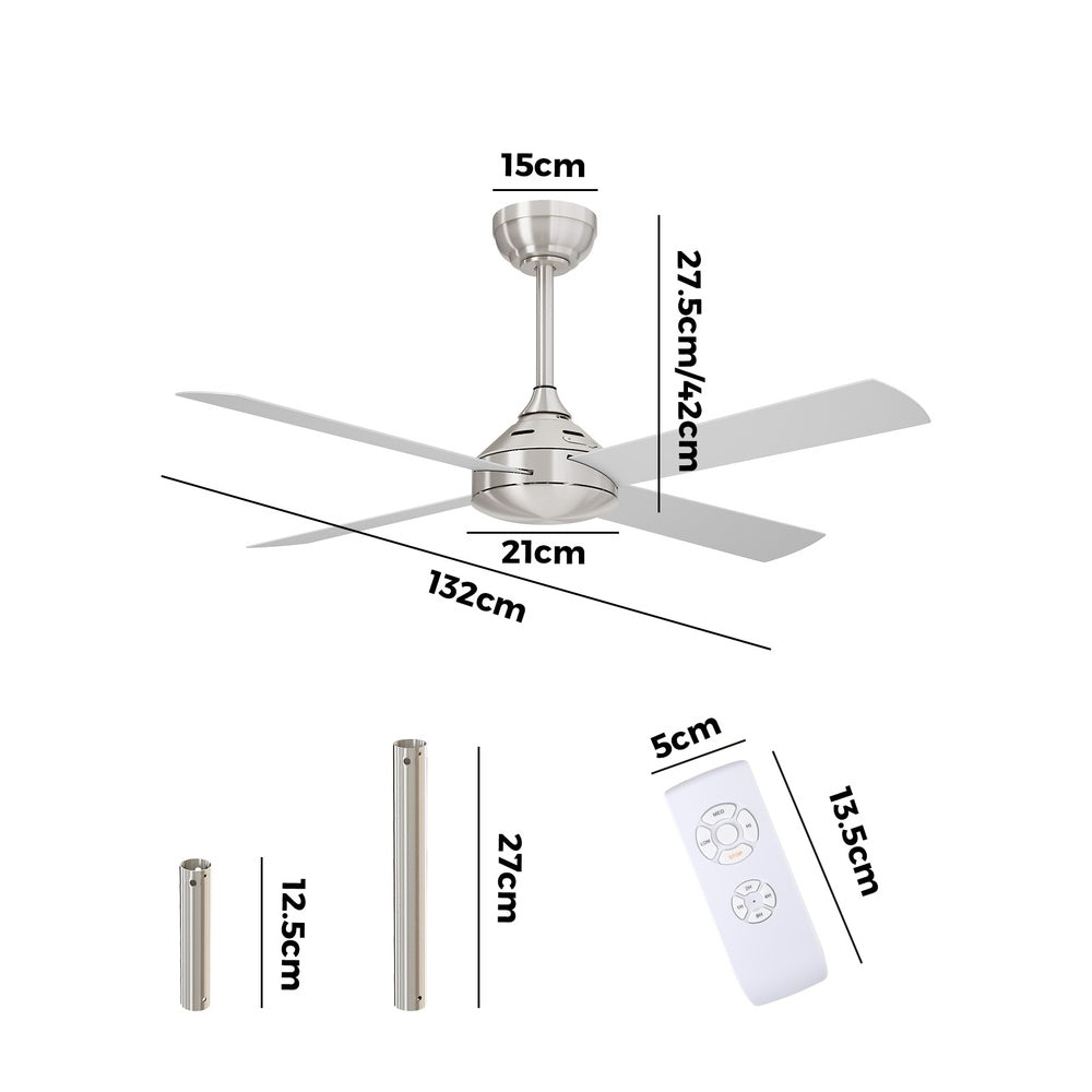 52'' Ceiling Fan AC Remote Control Timer 4 Blades Silver