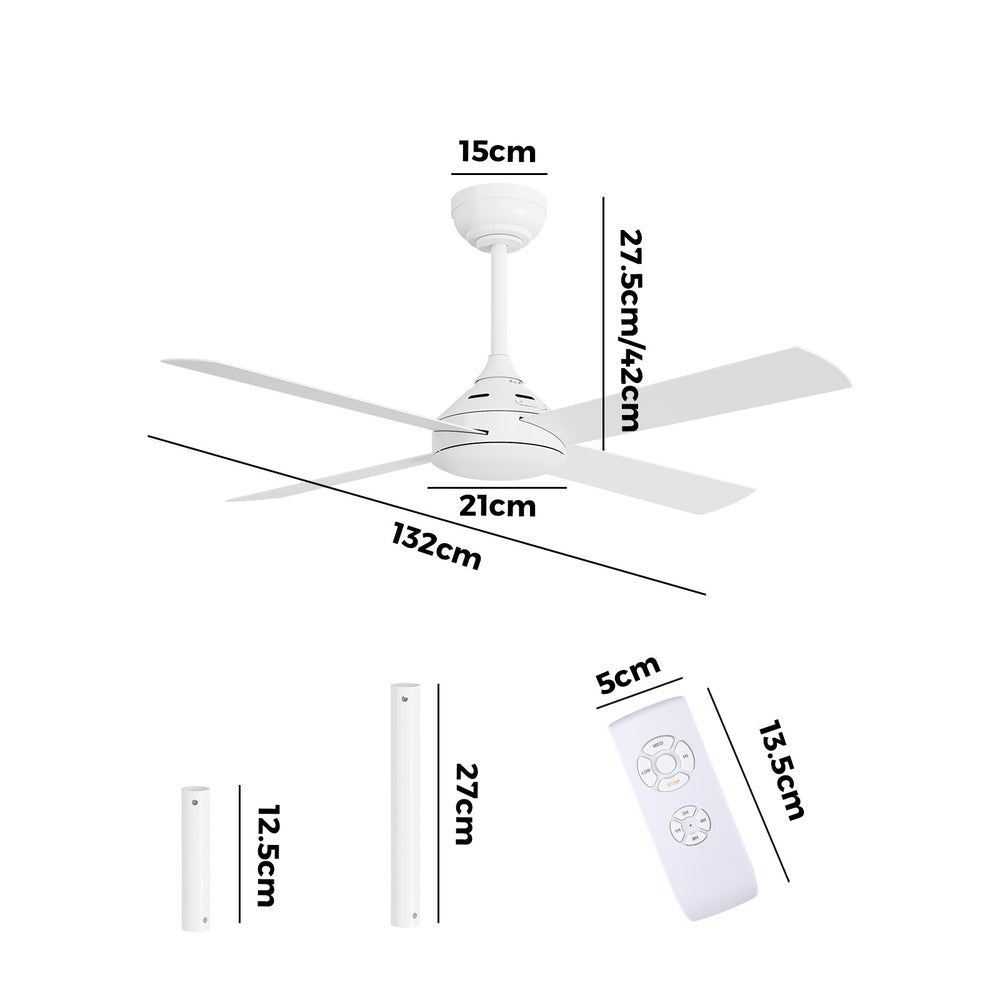 52'' Ceiling Fan AC Remote Control Timer 4 Blades White