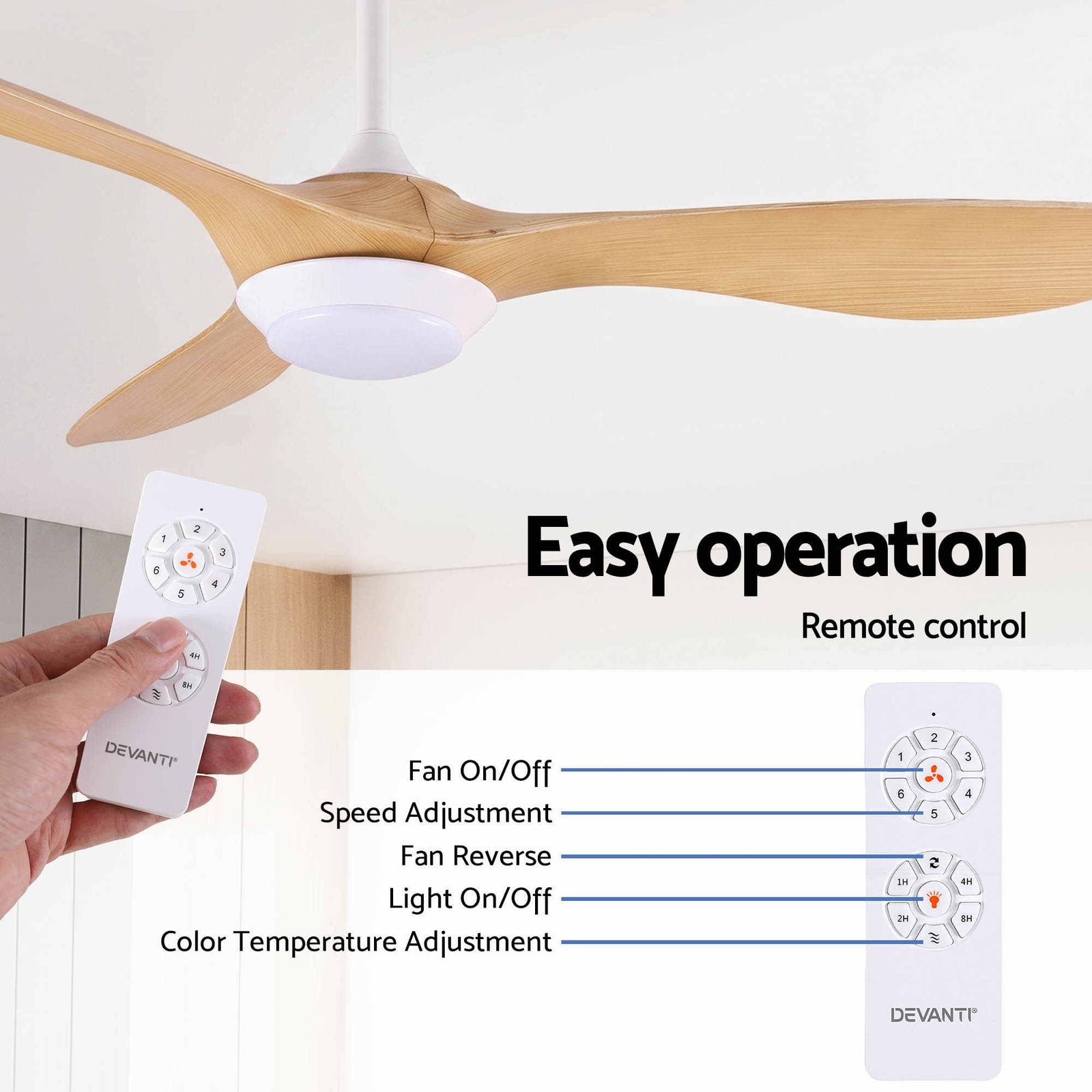 52 Inch Ceiling Fan DC Motor with Light and Remote Wood Finish Fixture