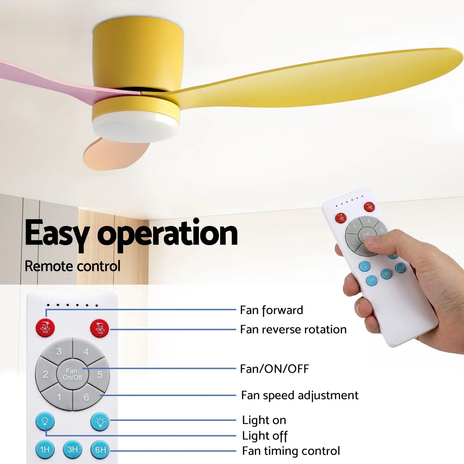 52'' Ceiling Fan 3 Blades DC Motor w/Light w/Remote Yellow Pink Orange