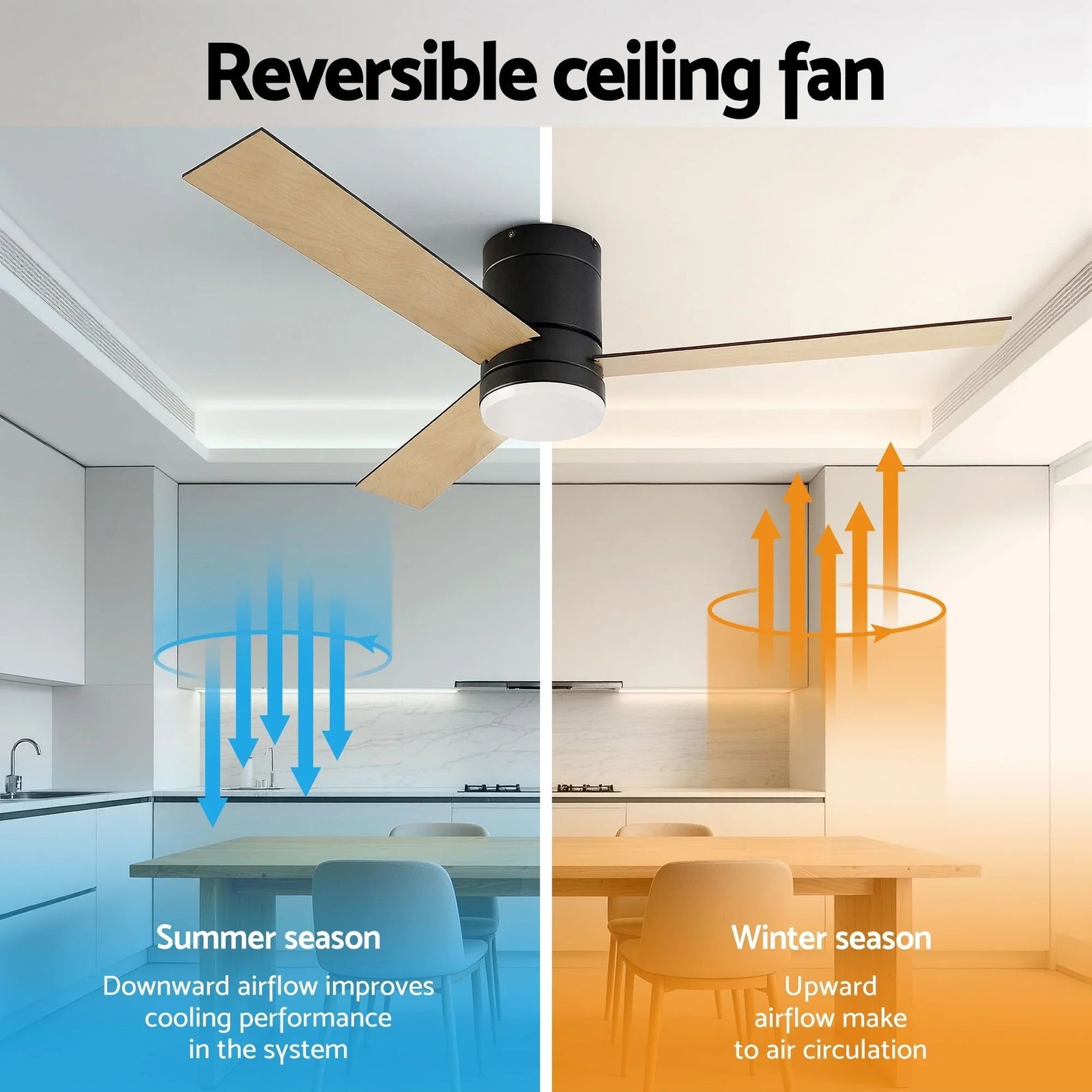 52'' Ceiling Fan 3 Blades Double-sided DC Motor w/Light w/Remote Light Wood and bLack